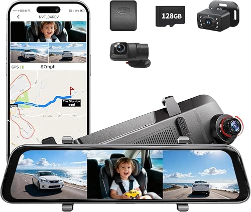 Cámara de tablero de espejo 4K de 3 canales, 4K+2.5K Dash Cam frontal y trasera interior 1080p Monitor de bebé para automóvil, cámara de espejo