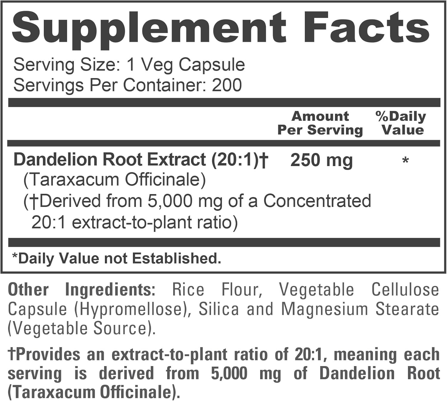 NusaPure Dandelion Root 20:1 Extract, 250 mg Equivalent to 5000mg 200 Veg Capsules (Vegan, Non-GMO) - Image 4