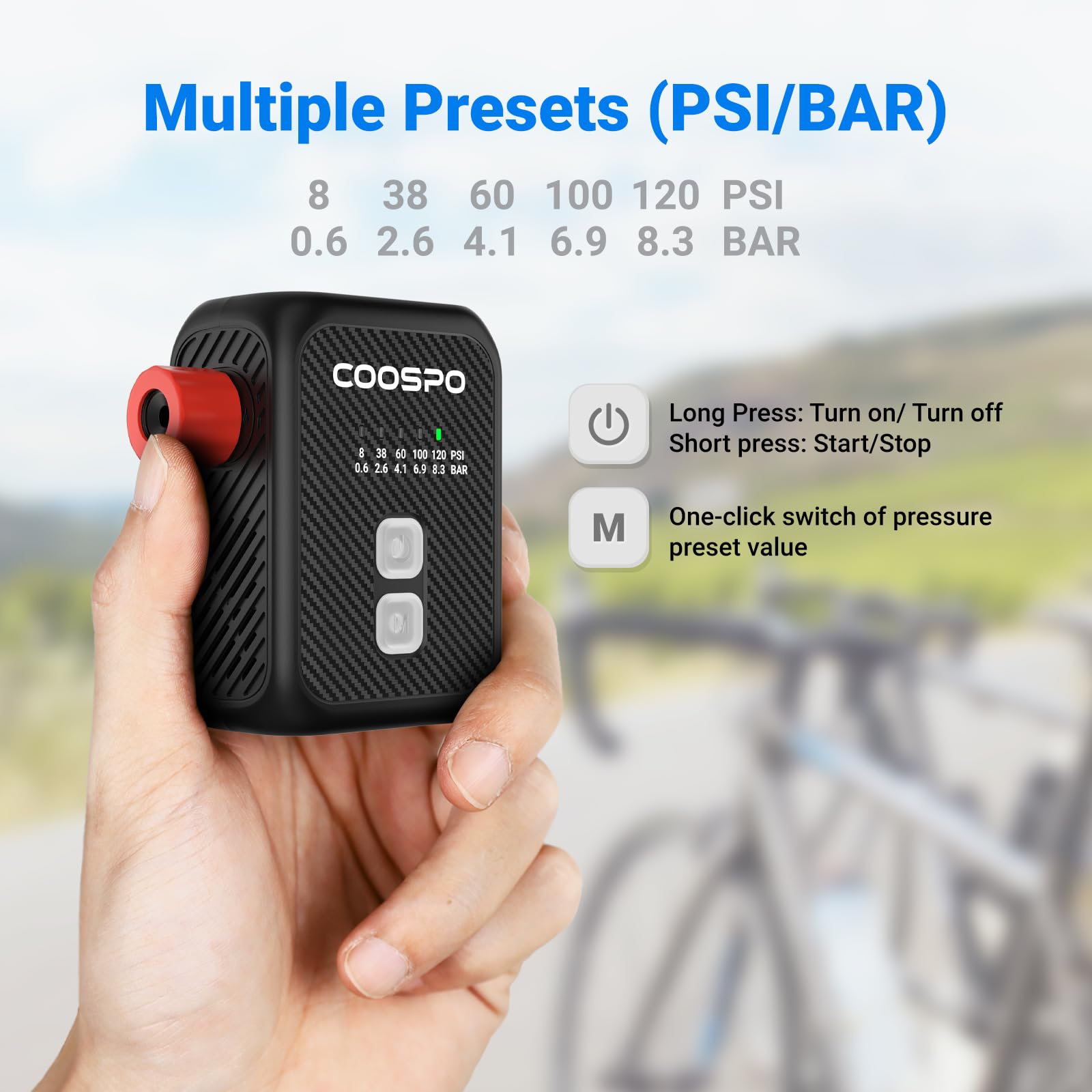 CooSpo Pompe à Velo Electrique 120 PSI avec Arrêt Automatique Presta/Schrader