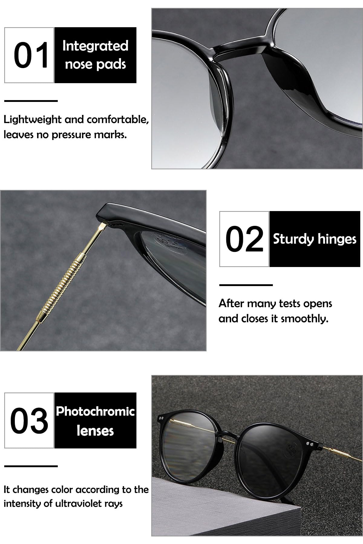 KOOSUFA Runde Selbsttönende Lesebrille Photochrome Damen Herren Anti-Blaulicht Lesebrillen Metallbügel mit UV-Schutz Sonnenlesebrille Lesehilfe 0.0 1.0 1.5 2.0 2.5 3.0 3.5 4.0