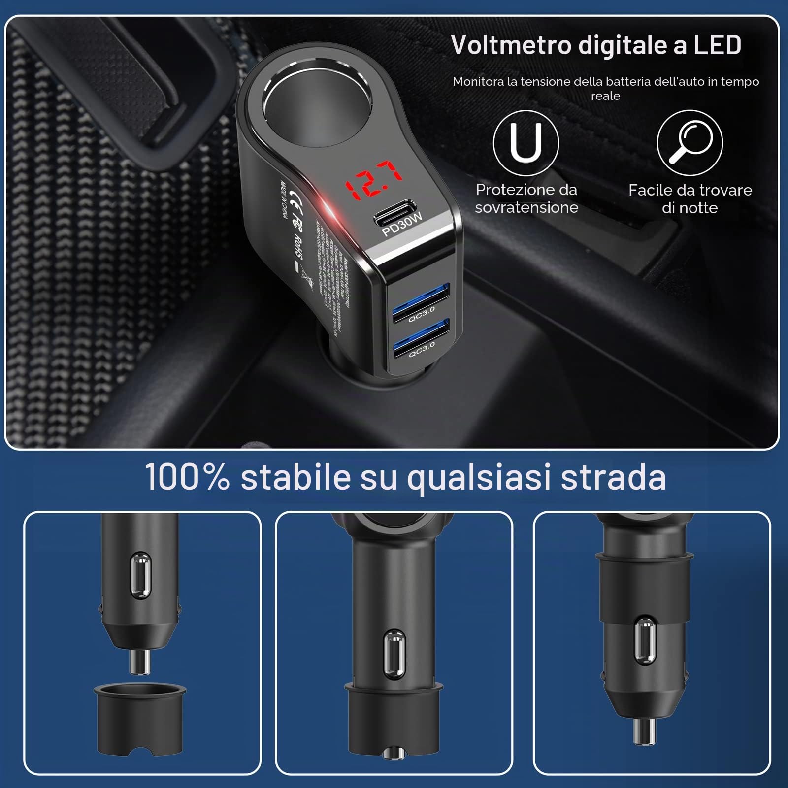 Prese Accendisigari Auto 200W: Qidoe PD 30W e QC3.0 Adattatore Sdoppiatore per Accendisigar Caricabatteria 12V con Voltmeter LED Ricarica Rapida Telefono, Cellulare, Samsung, Dashcam, GPS