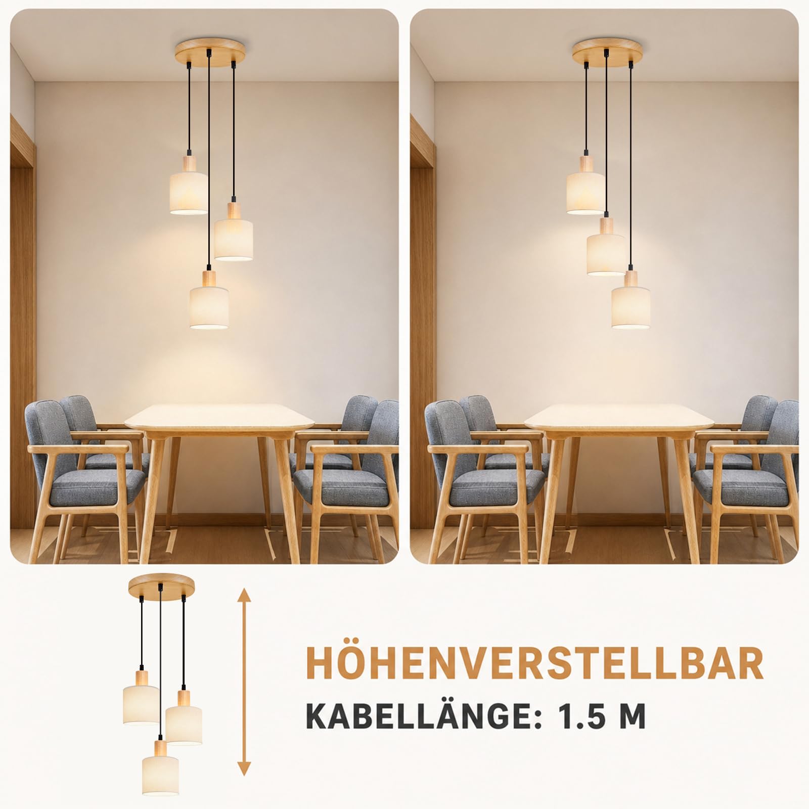 Glitzerlife Pendelleuchte 3 Flammig Holz Hängelampe Hängeleuchte Rund