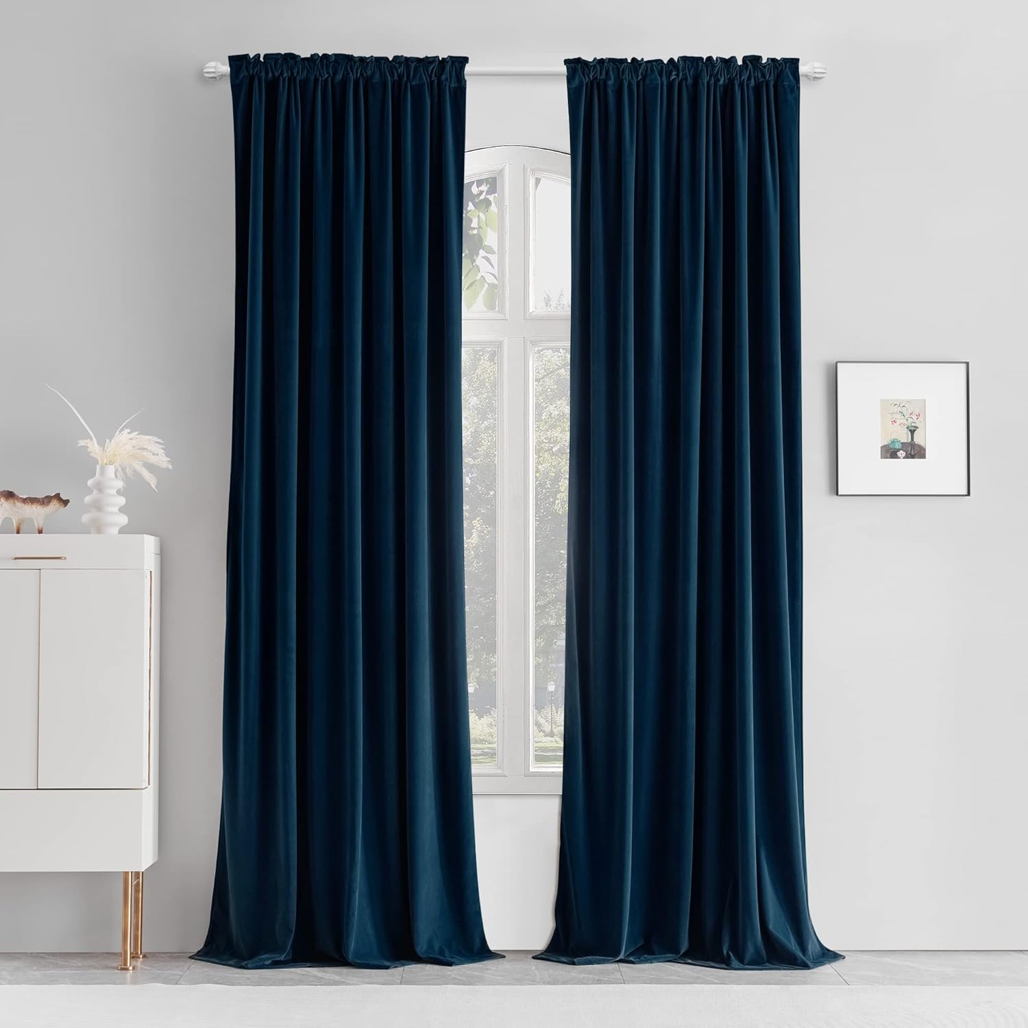 MUMFAS Navy Velvet Curtain Living Room Rod Pocket Window Curtain Panel Bedroom Thermal 2 Panels 52x96