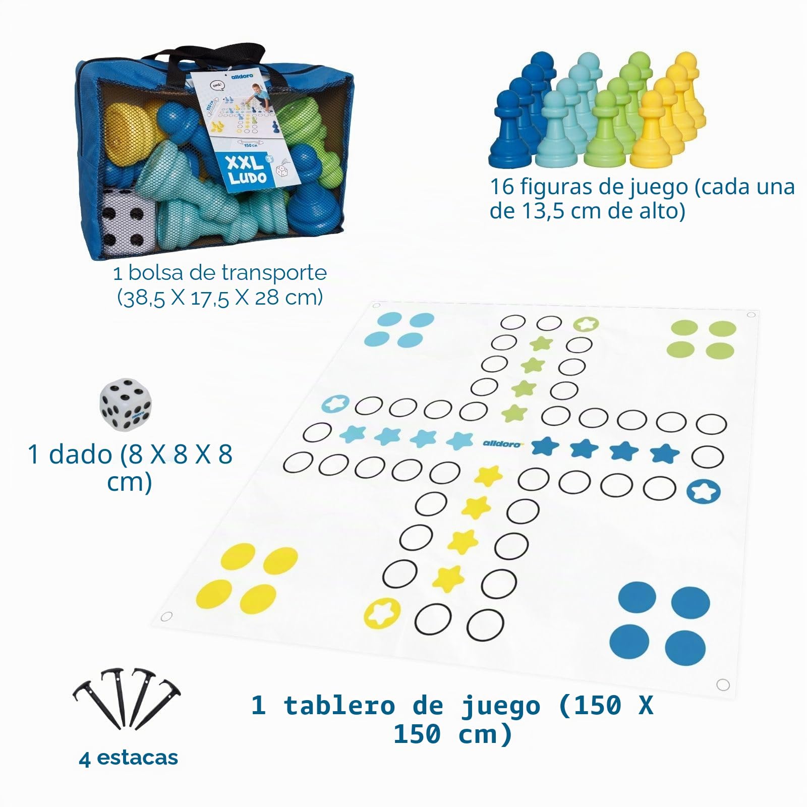 alldoro 60060 Ludo de jardín, Juego de Mesa XXL para Exteriores con 16 Piezas de Juego y Dados, para niños a Partir de 3 años y Adultos
