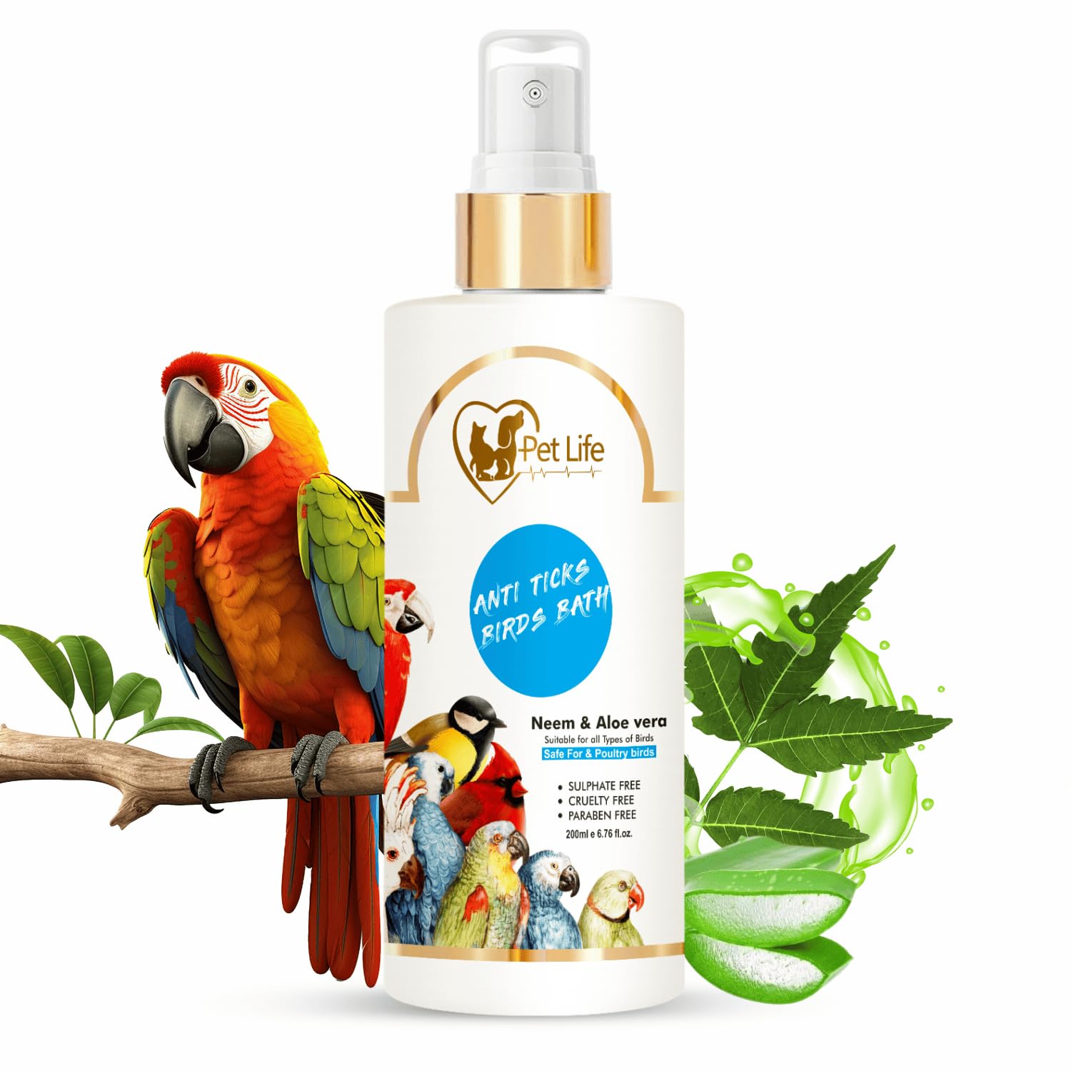 PETLIFE Organic & Ayurvedic Anti Ticks Birds Bath Dry/Waterless/Spray for Poultry birds, Parrots, chick, Hen, Pigeon, duck -Natural ingredients for fleas, Cleaner & Shinier Coat-All Bird Types-200 Ml