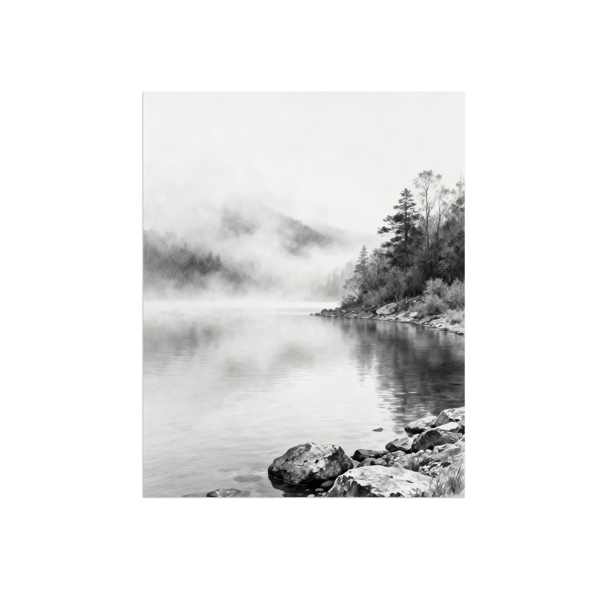 Black White Landscape Wall Art. Tree Lake Clouds. Picture 90x117cm Framed