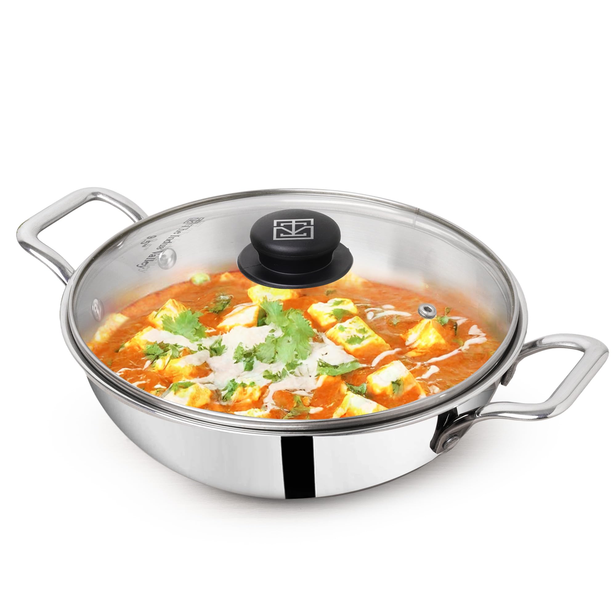 The Indus Valley Triply Stainless Steel Kadai With Glass Lid|Large 26Cm/10.2 Inch,3.5L,1.3Kg|Induction Friendly|Nonstick 3-Layer Body,100% Pure&Toxin-Free,4 Pound