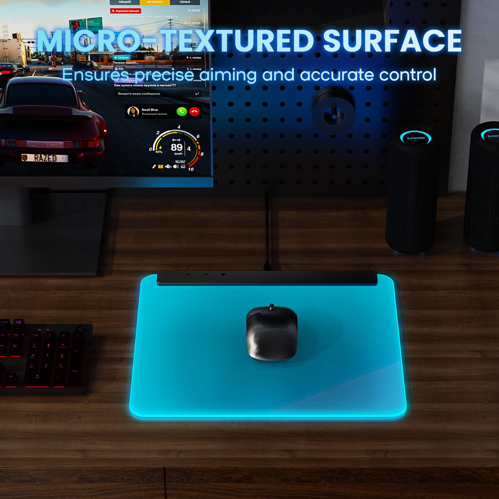 Deeyaple Tappetino per mouse da gioco M6 con illuminazione RGB – Superficie rigida precisa, base in gomma antiscivolo, impermeabile, 16,8 milioni di colori – Facile controllo con 3 pulsanti per PC e