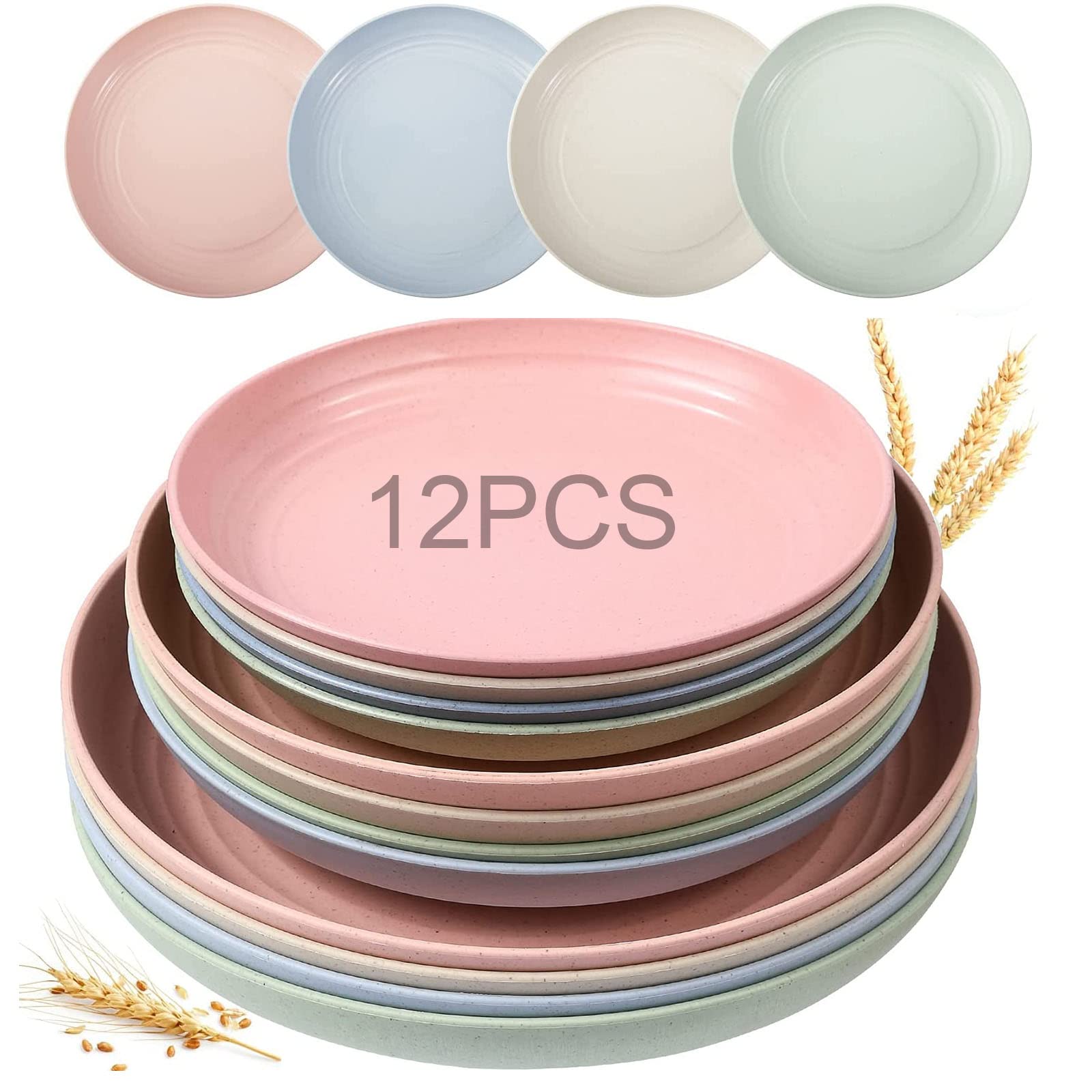 12 Piece Wheat Straw Cutlery Set, Reusable plastic plates Sheet BPA Free and Eco-friendly Medium Lightweight Unbreakable Cutlery Set Dishwasher & Microwave Safe for Kids Kids, Toddlers & Adults