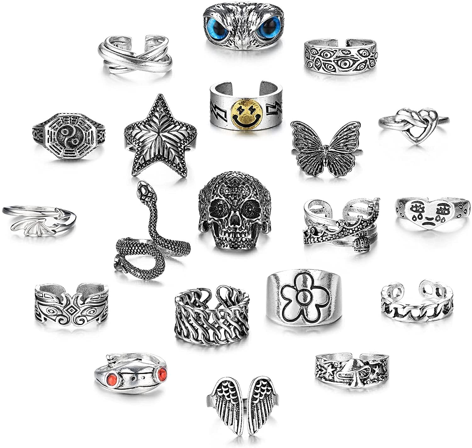 20Pcs Mens Rings Open Vintage Punk Rings for Women Mens Cool Adjustable Rings Set Snake Tiger Dragon Rings Gothic Jewelry Ring Set