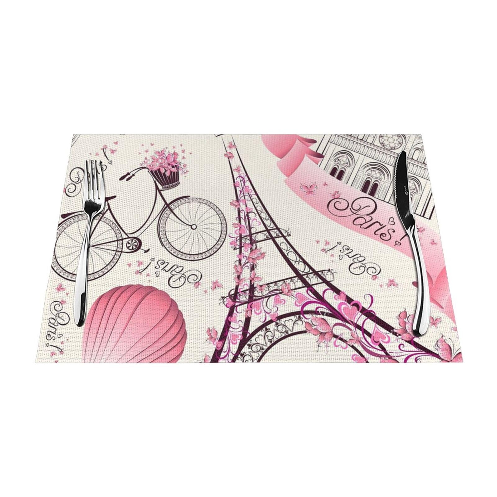 PVC Placemat Set of 1 PCS, 45x30 CM, Romantic Paris Eiffel Tower Bycicle Printed Non-Slip Heat Resistant Place Mats for Kitchen Dining Table Indoor Outdoor
