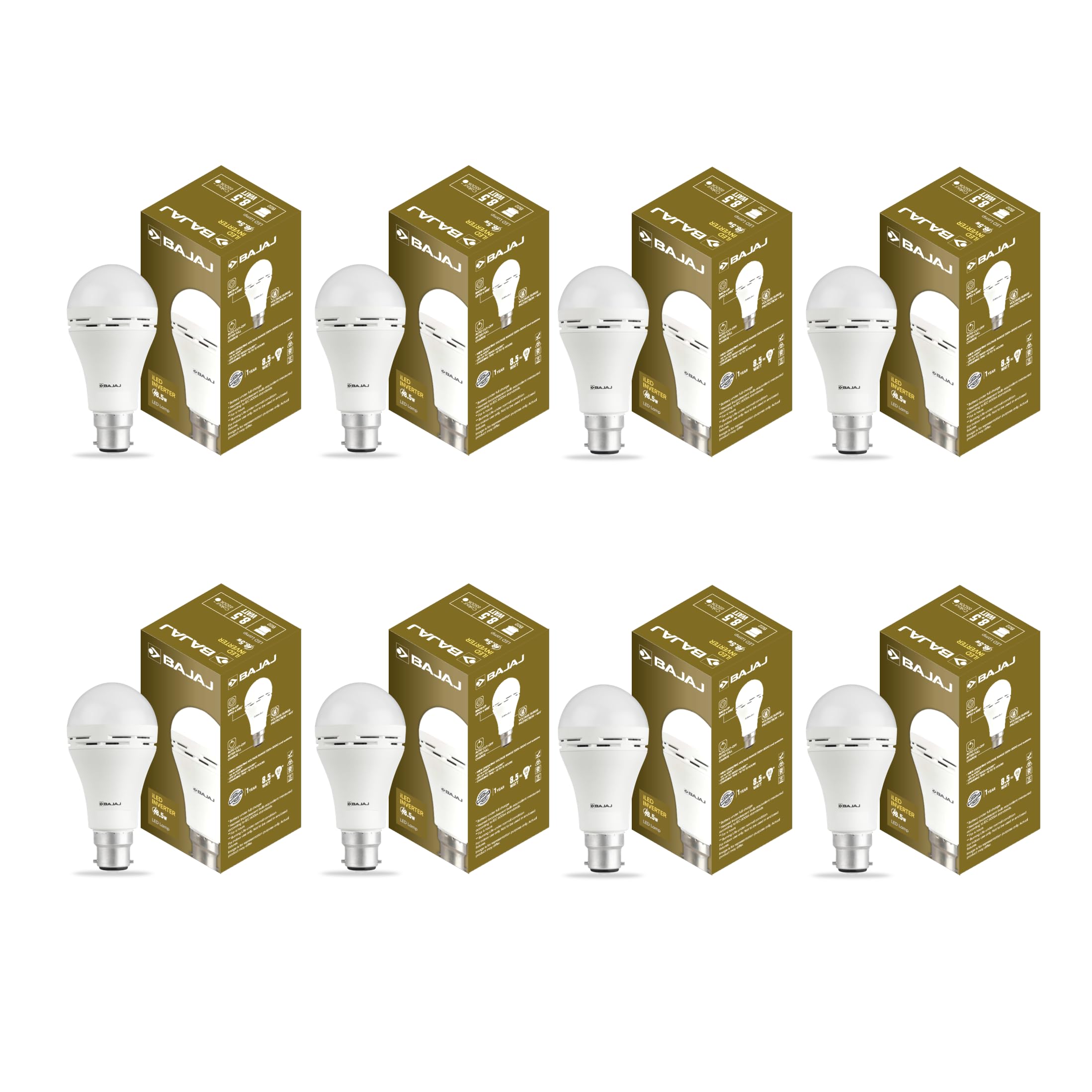 Bajaj iLED 8.5W Rechargeable Emergency Inverter LED Bulb | Cool Day Light | Upto 4 Hours Battery | B22D | (Pack of 8, White)