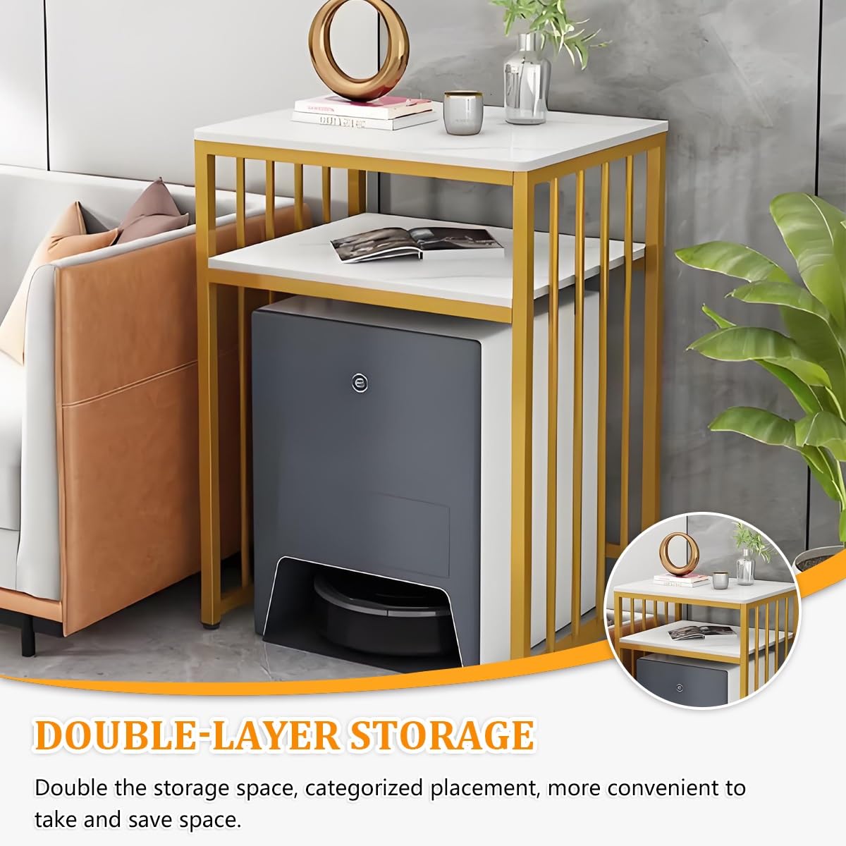 Meuble De Rangement Aspirateur Robot avec Plateau en Pierre, Étagère De Rangement pour Maison, Rayonnages Ouverts Cachés avec Pieds Réglables pour Salon, Chambre, Cuisine(White,60 * 40 * 83cm)