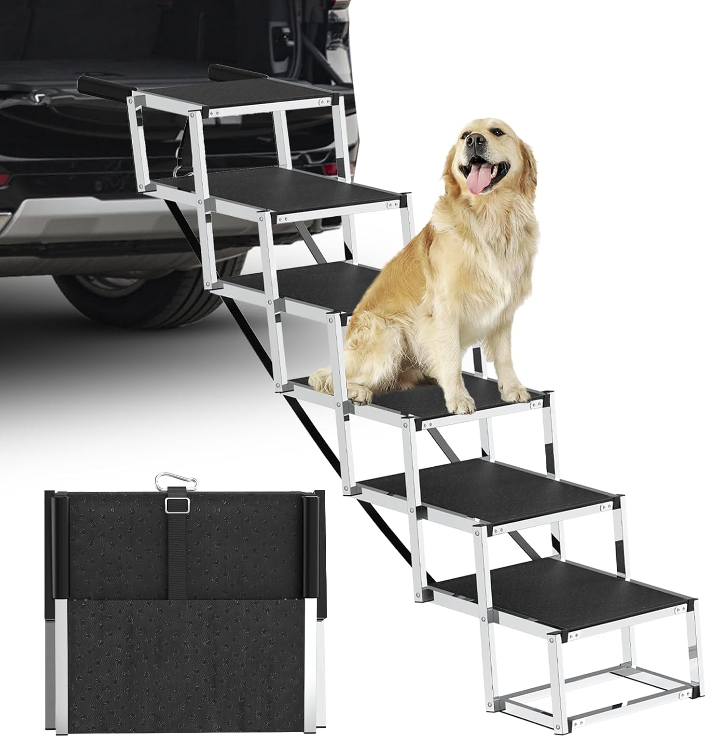 Dog Stairs for Large Dogs - 6 Step Foldable Dog Ramp for Car 43In Non-Slip Surface Support up to 230lbs - Suitable for SUV Truck Designed Specifically for Disabled Dogs black-6Step