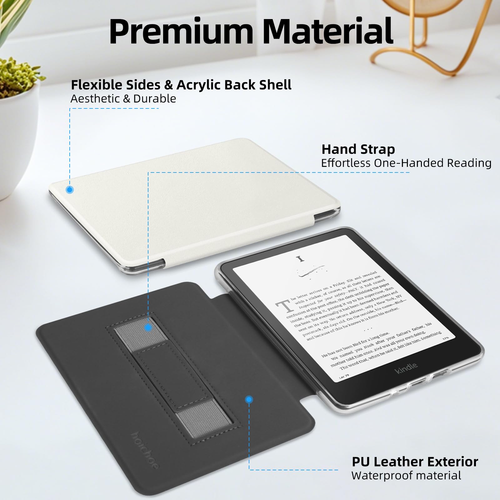 Custodia per Kindle Paperwhite 12a generazione 2024 da 7" e Kindle Colorsoft Signature Edition, cover in pelle PU leggera e retro rigido trasparente con cinturino da polso, accensione e