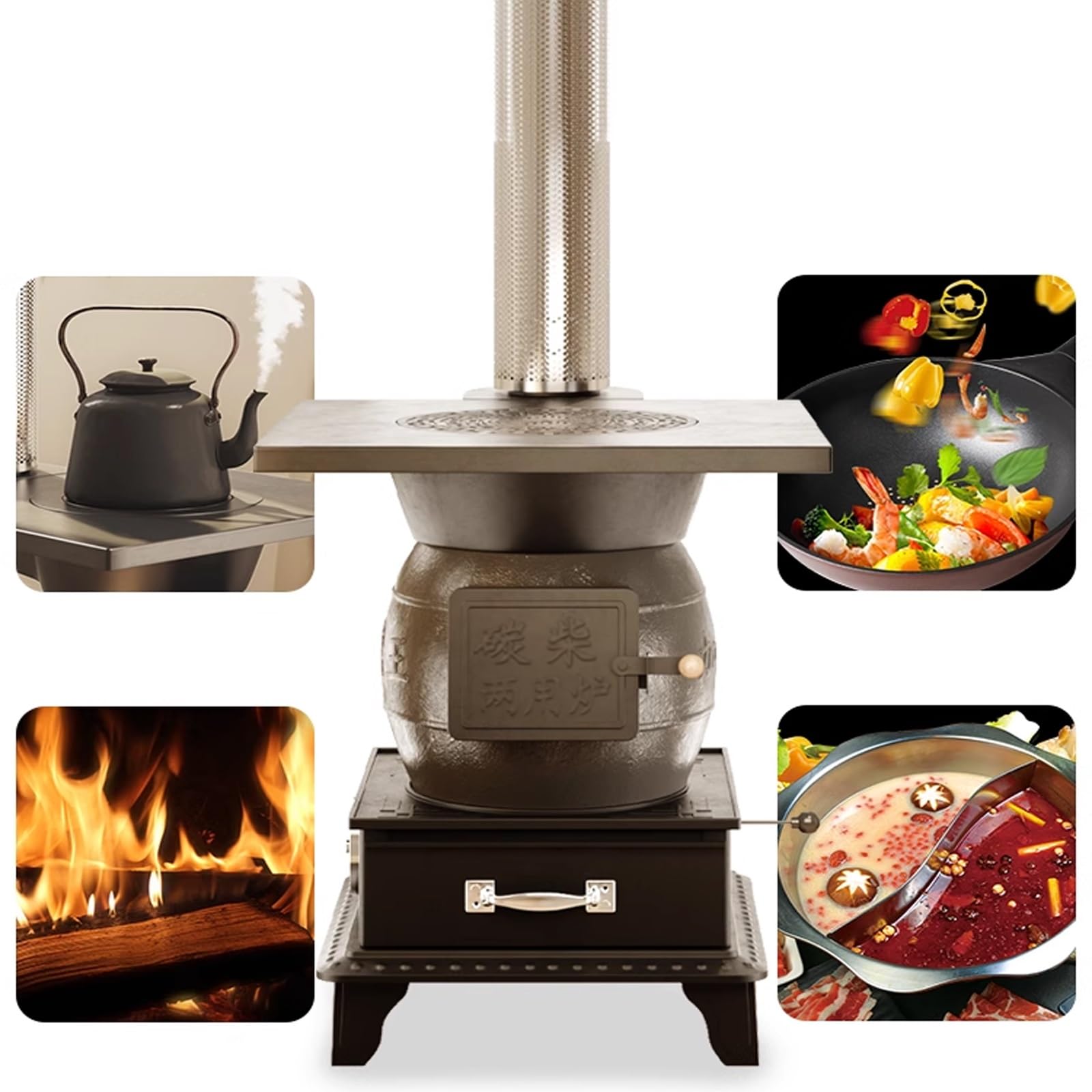 Estufa de leña para interiores con múltiples combustibles, hierro fundido con forro de horno grueso para calefacción y cocina del hogar, chimenea opcional