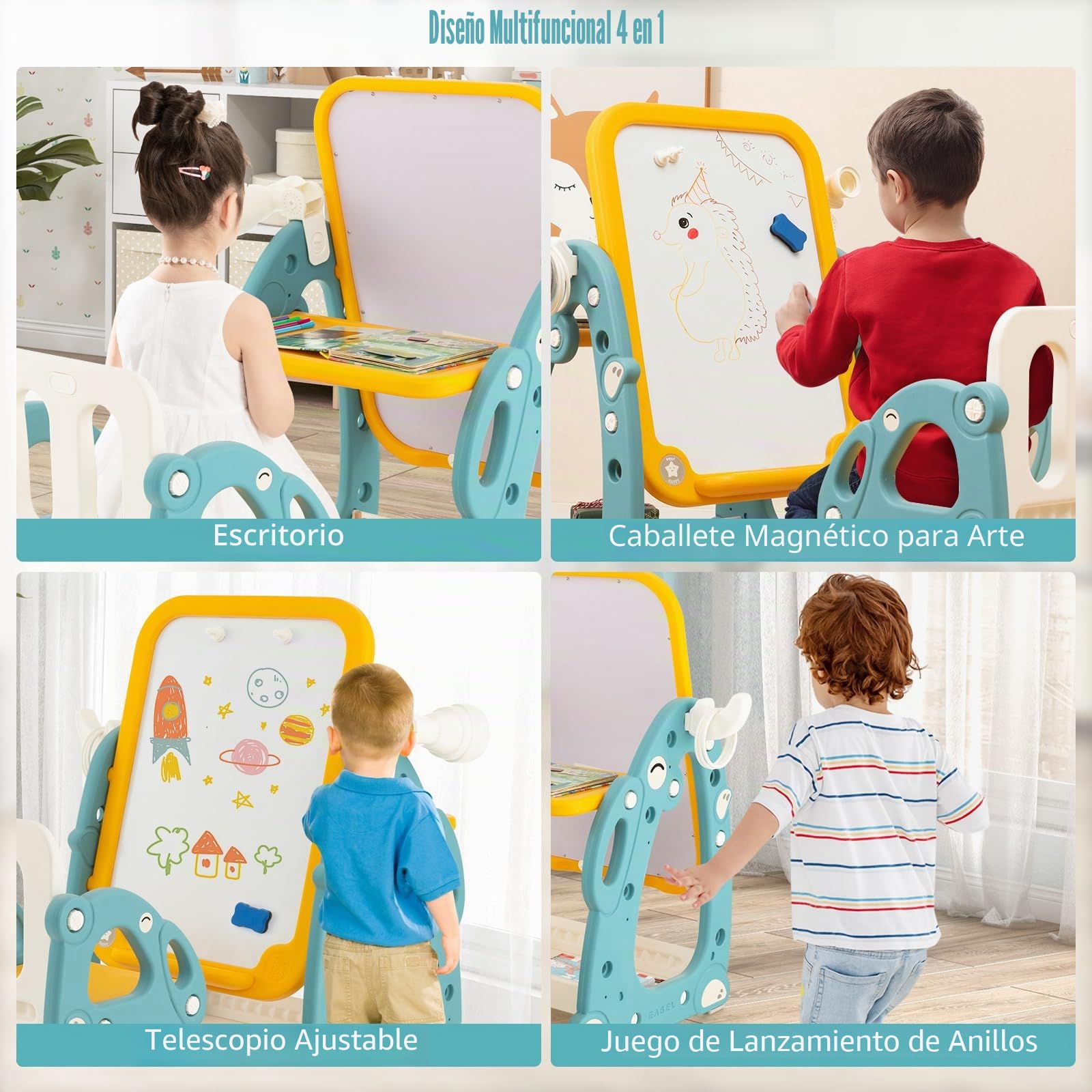 RELAX4LIFE 4 En 1 Mesa de Actividades para Niños con Silla, Caballete para Niños Regulable en Altura con Espacio de Almacenamiento, Pizarra, Telescopio y Juego de Anillos para 1-8 Años