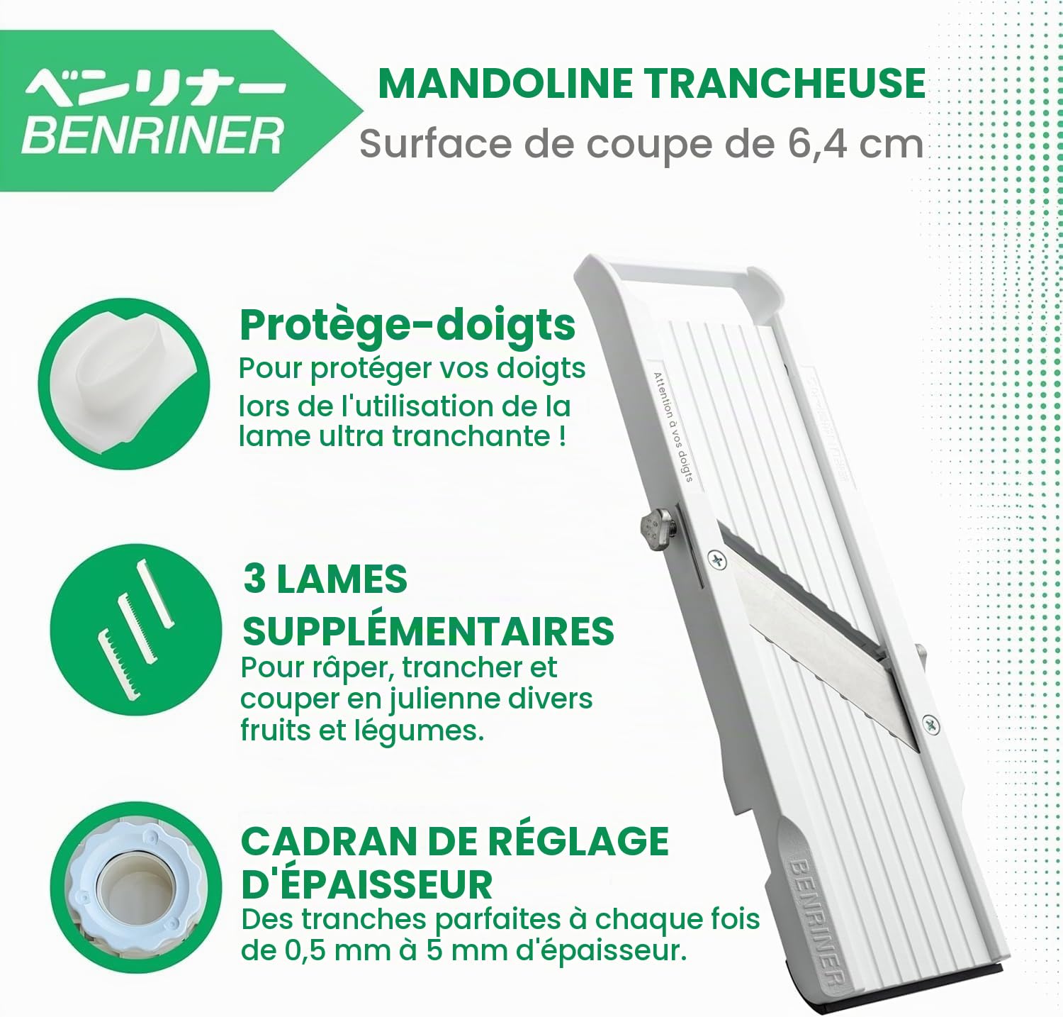 Benriner BN-64W-1 Mandoline, Blanc | 3 lames inox interchangeables pour trancher, râper et couper en julienne avec protection de sécurité