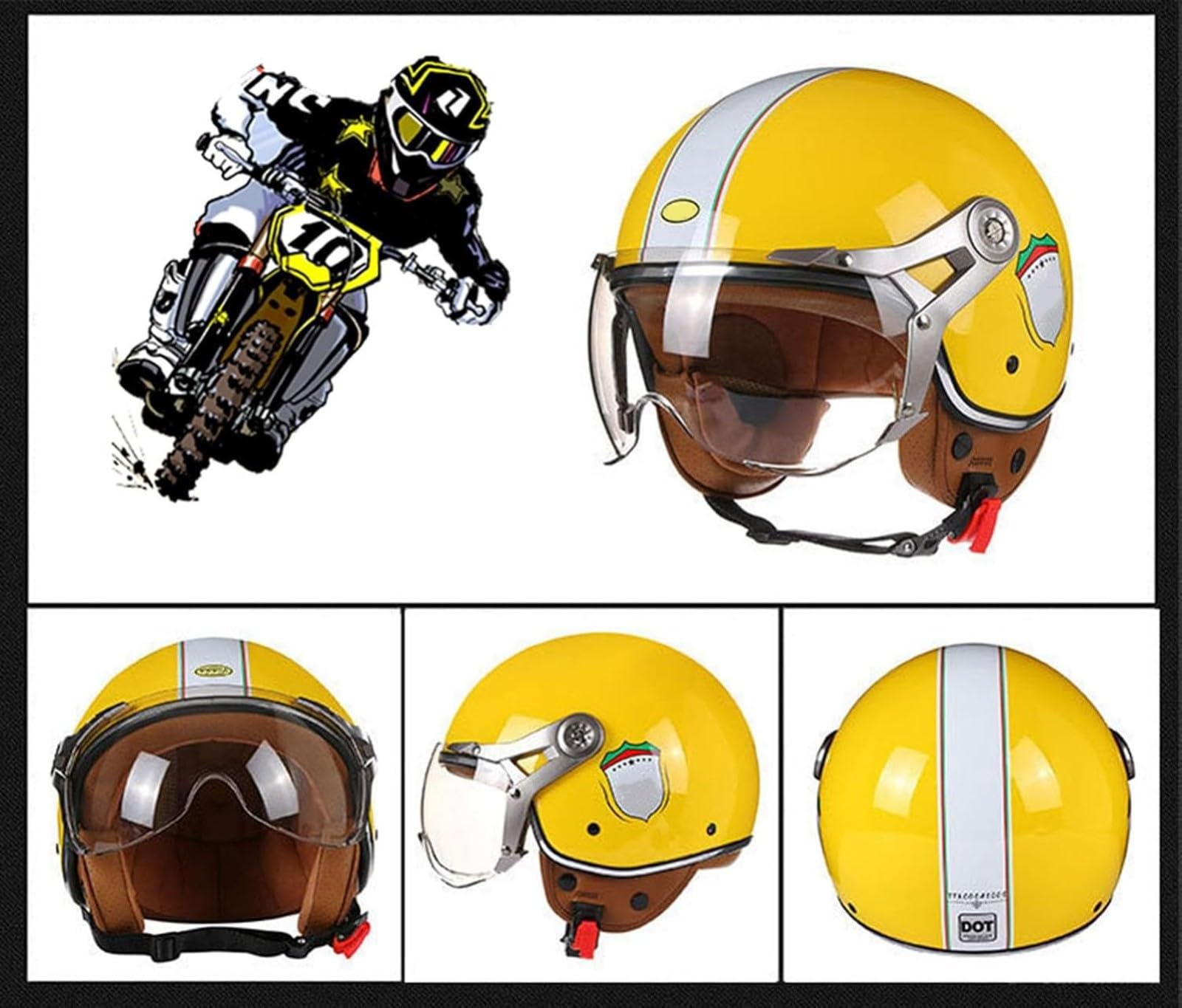 Demi Casque Moto Retro, avec Visière Vintage Casques Bols Homologué Dot/ECE Casque Mobylette Ouvert Demi Casque Homme Femme Casque Jet pour Cruiser Hélicoptère Scooter