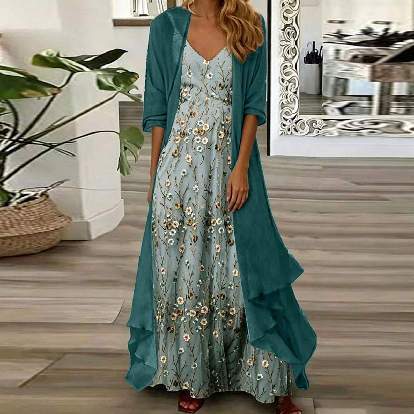 Genérico Conjunto de dos piezas étnico floral para resort con falda fluida para un vestido ligero de verano con escote en V.
