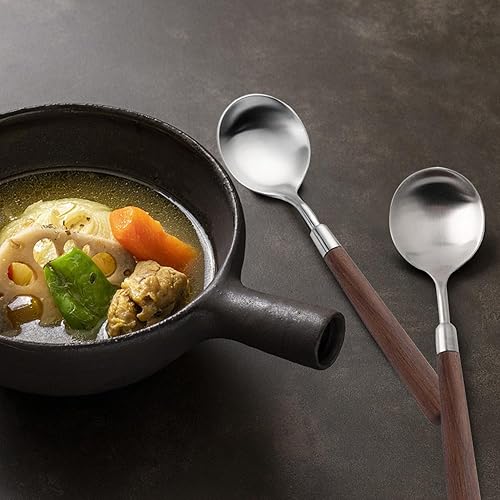 Miniatura 6 de Cuchara de mango de madera retro, cucharadas de servir de acero inoxidable, cuchara de madera, cubiertos plateados con mango marrón, 4 unidades.