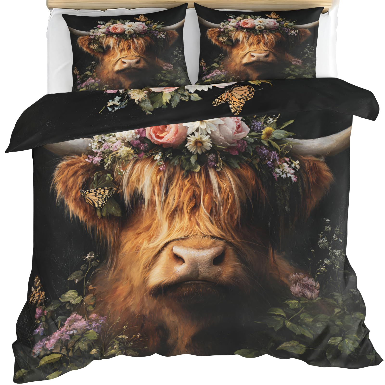 YEMYOR Highland Cow Flower Duvet Cover, Rustic Highland Cattle Comforter Cover Super King 260x220 cm, Farmhouse Bull Bedding Set with Hidden Zipper