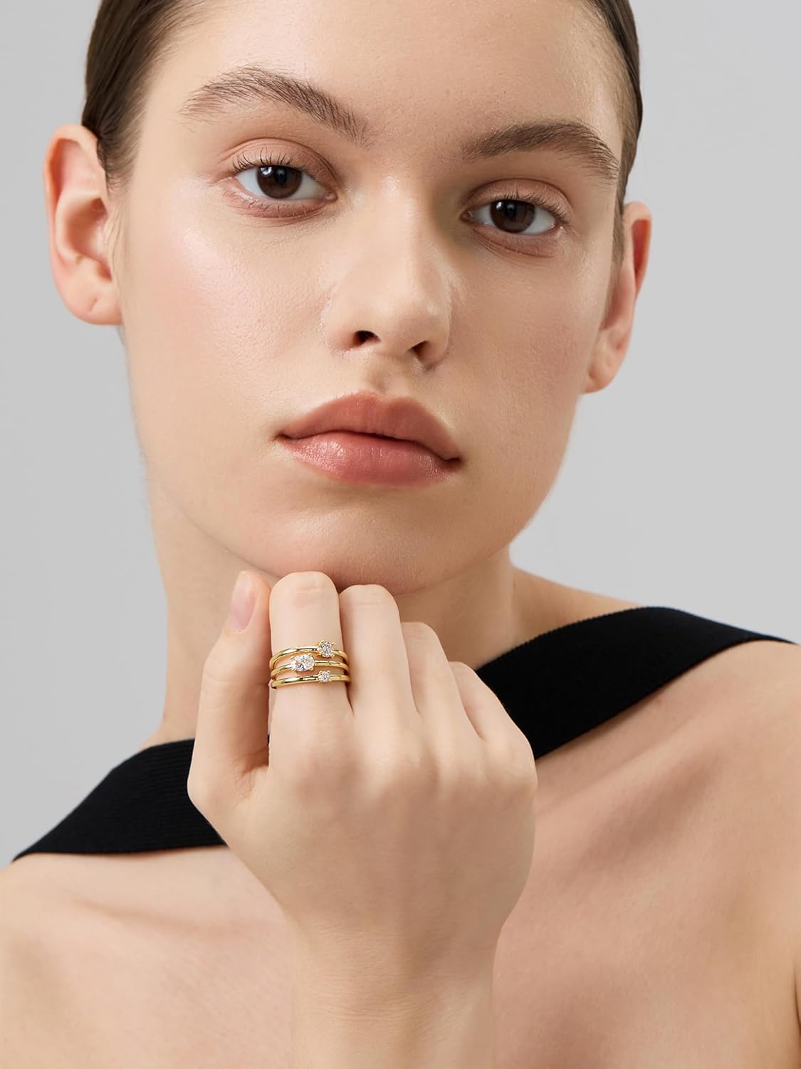 14k Gold Rings For Women,Dainty Chunky Gold Stacking Rings, 3-in-1 One Piece Ring,Trendy CZ & Opal Statement Ring for Women