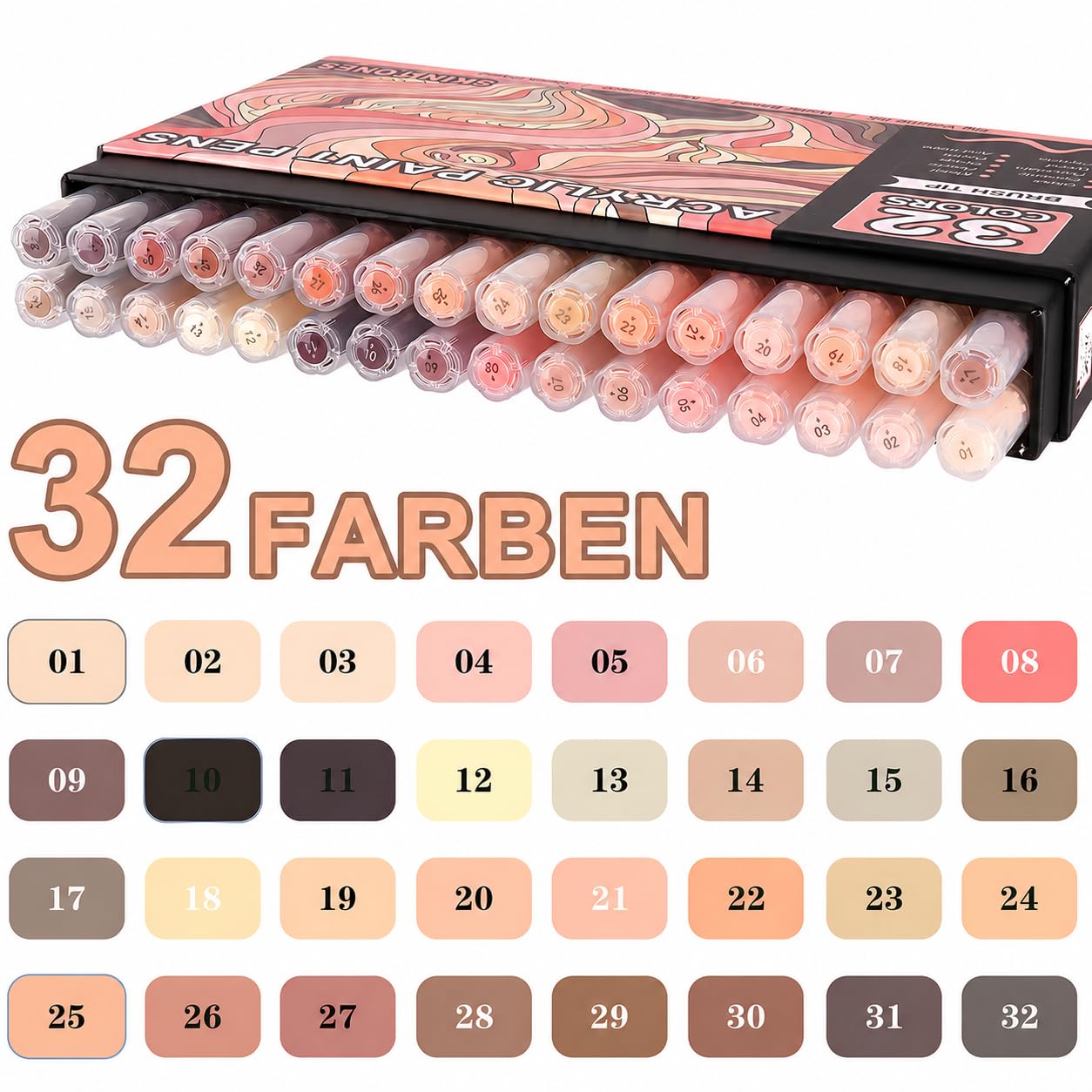 NICETY 32 Acrylstifte für Steine Wasserfest - Pinselspitze Acrylmarker für Holz, Stoff, Leinwand, Glas, 1-6mm Multimarker acrylic Marker pens Set (Haut)