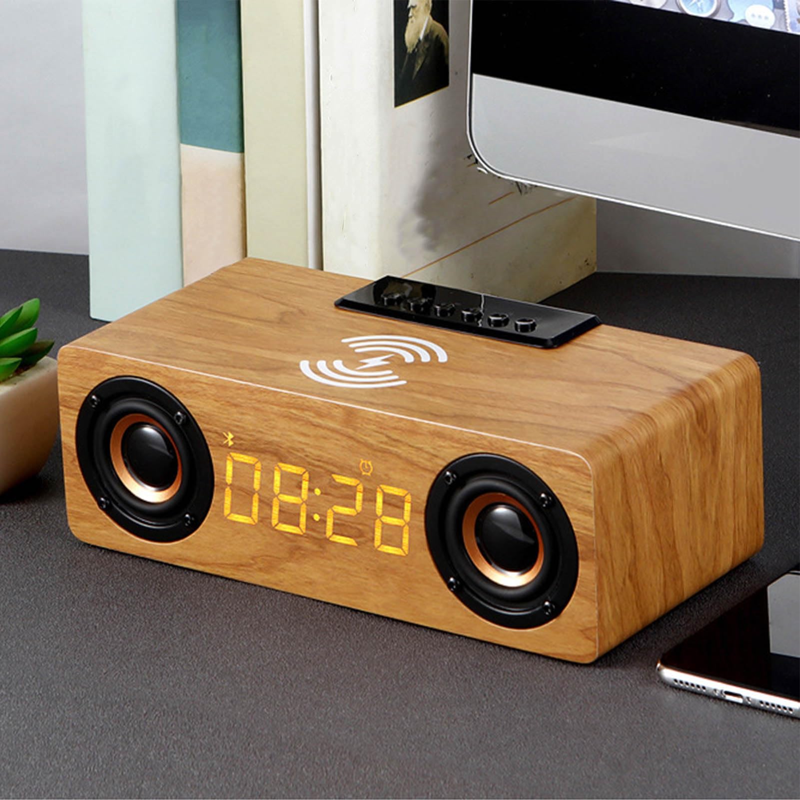 Haofy Reloj Despertador con Altavoz Bluetooth de Madera con Radio FM, Diseño Elegante para Dormitorio, Carga Inalámbrica de Material de Pino