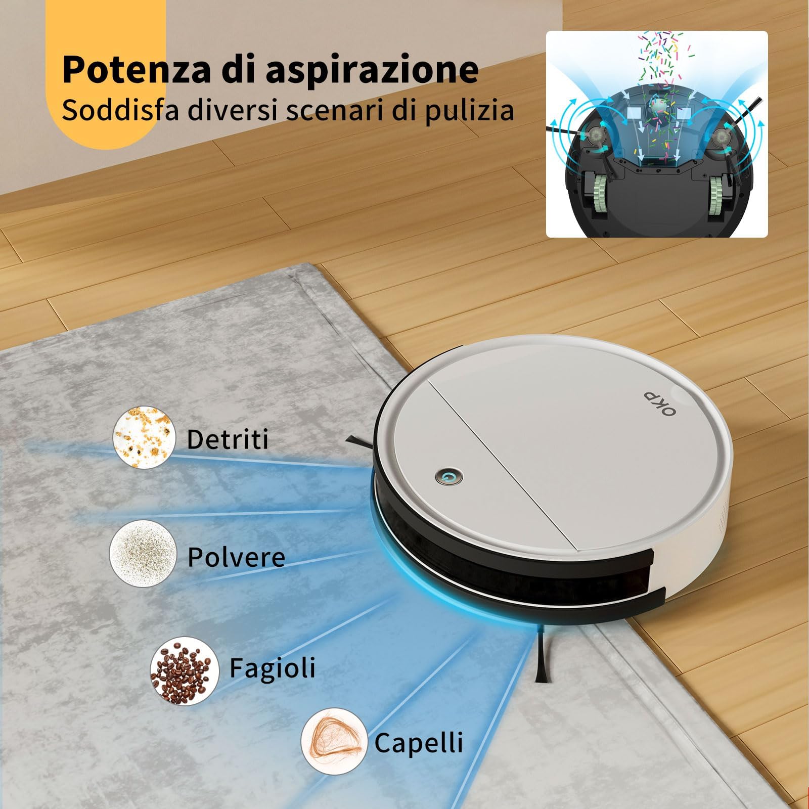 OKP K5 Robot Aspirapolvere con Telecomando, 2500Pa, 120 Minuti, Sottile 7,8 cm, Silenzioso, 4 Modalità Di Pulizia, Compatibile con panni monouso, Wi-Fi/App/Alexa, Ideale per Peli Animali e Pavimenti