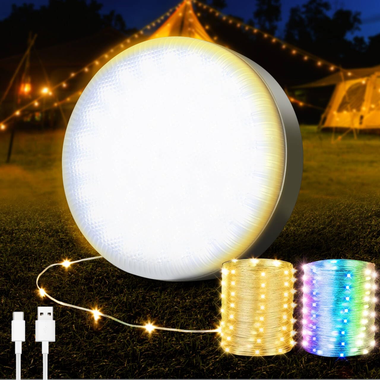 Electight 12M Camping Lichterkette, Aufrollbar USB Wiederaufladbare, Wasserdichte Tragbare Hängend Led Lichterkette mit 8 Beleuchtungsmodi, Warmweiß & Bunt, für außen Zelt Camping Garten Deko