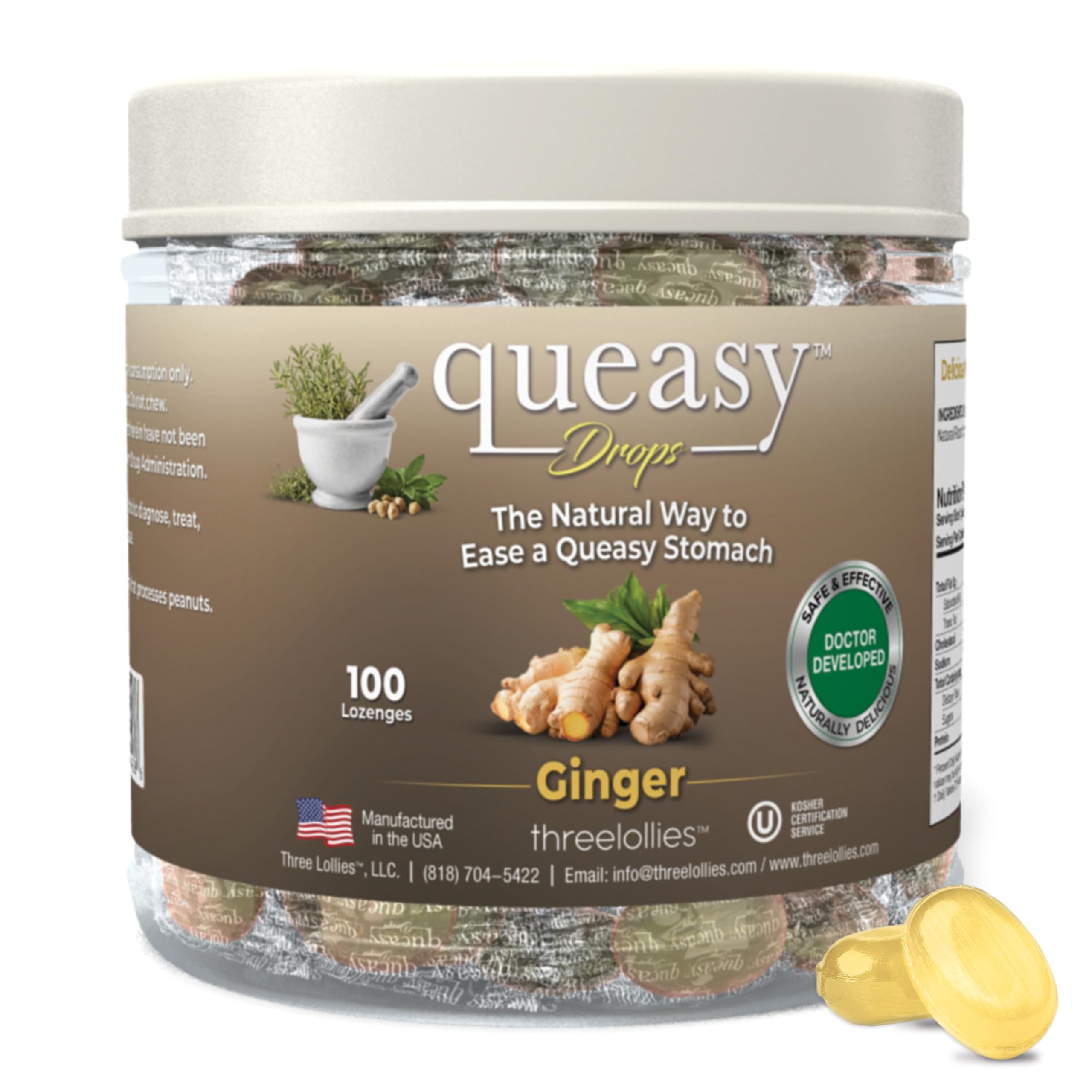 Three Lollies Queasy Drops - Natural Ginger Flavor - Relief from Chemotherapy Nausea &amp; Travel Sickness - Alleviates a Dry Mouth - Non-Drowsy - Natural Ingredients - 100 ct