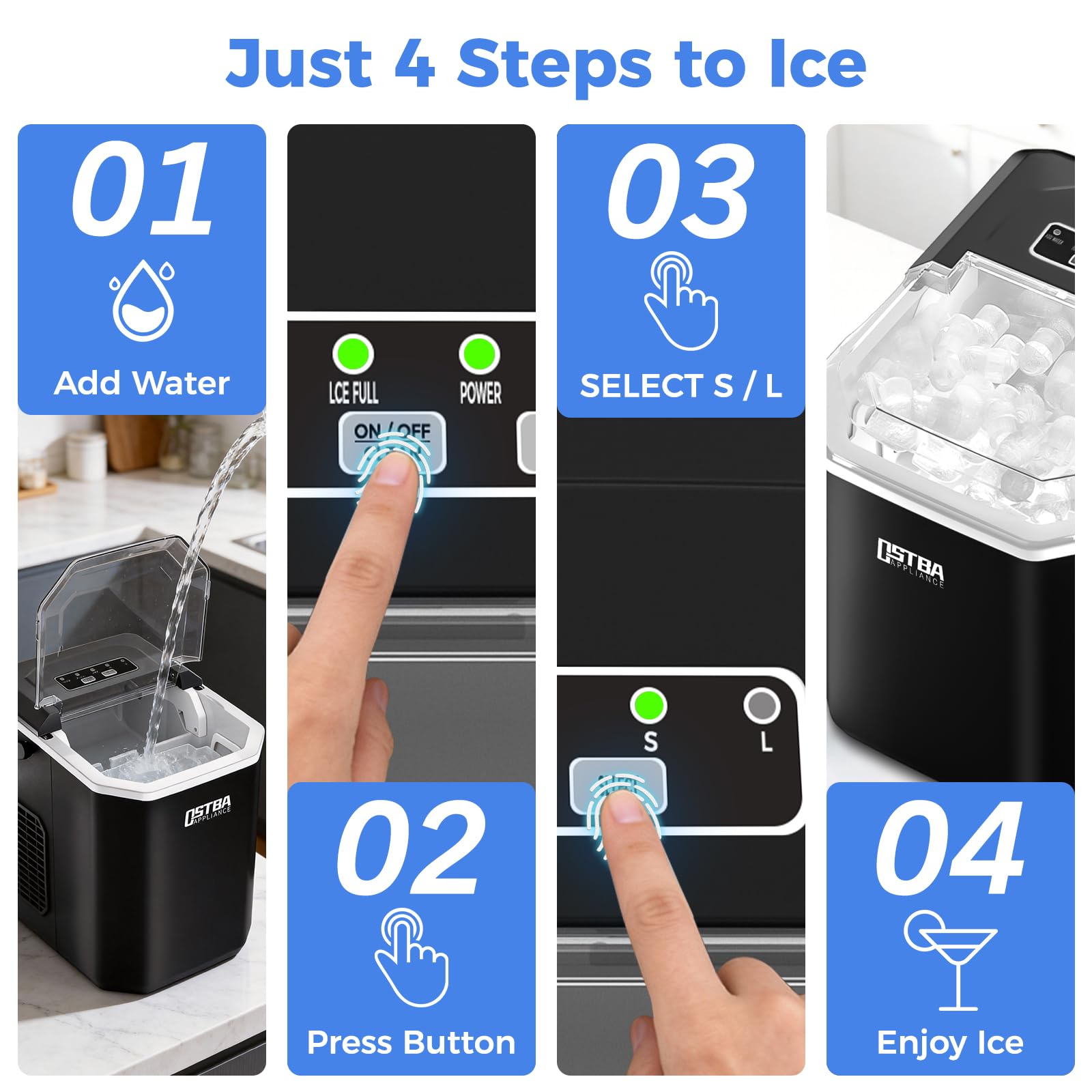 Ostba Countertop Ice Maker Machine, Portable Ice Maker Makes 9 Bullet Ice Cubes In 6 Minutes, 26lbs/Day Ice Makers Countertop With Self-Cleaning, Compact Mini Ice Maker For Home Kitchen RV Party on Fridge.com - View 6