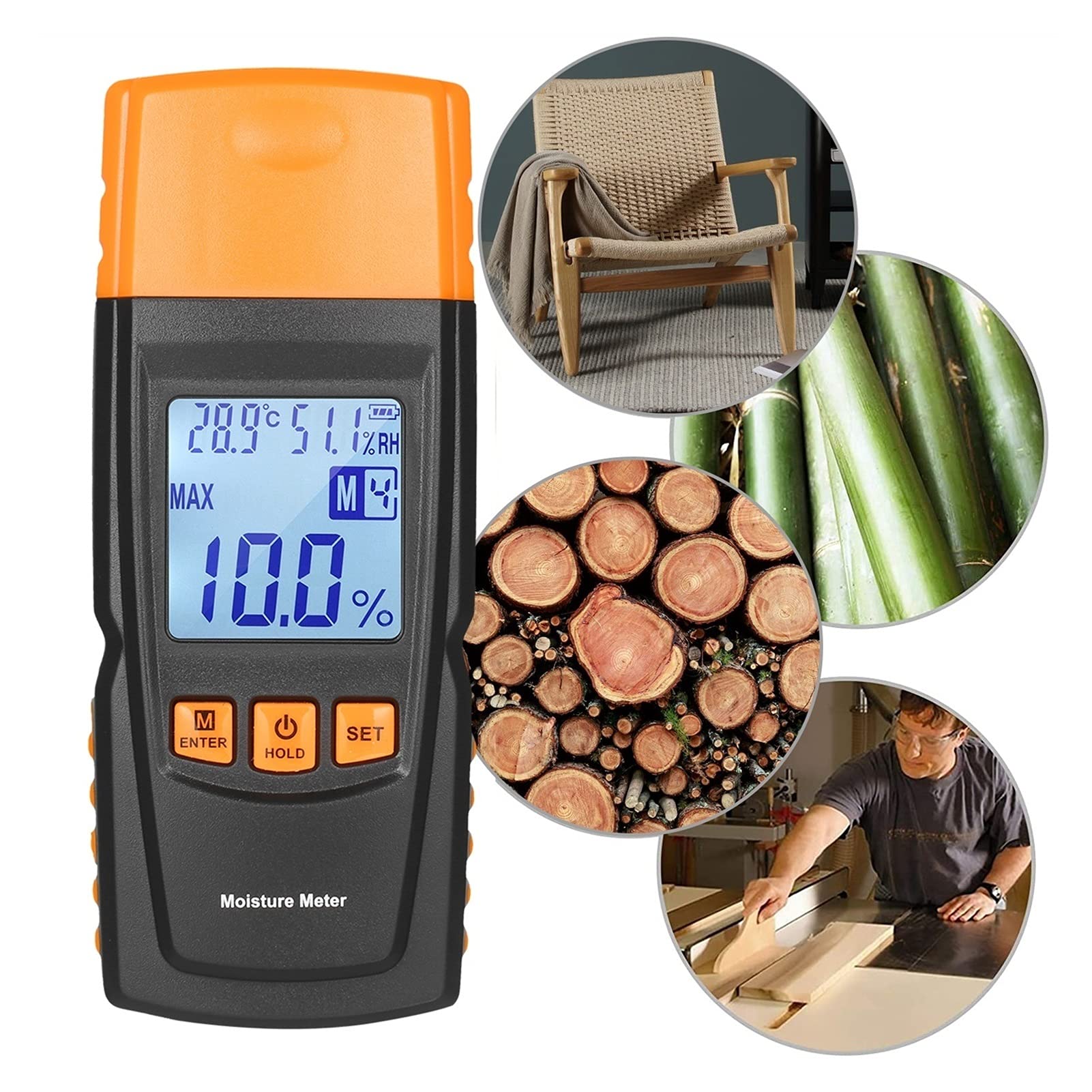 Igrometro Digitale 3-in-1 Misuratore di umidità in legno Legna da ardere Acqua Contenuto Ambient Temperatura + Umidità + Tester in