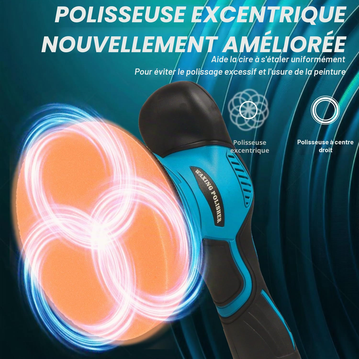 HERZO Polisseuse sans fil 150 mm, tampon et polisseur de voiture, 6 vitesses variables, kit de polissage de voiture, 2 batteries 21 V 1,5 Ah, polisseuse sans fil pour l'entretien de la voiture, le