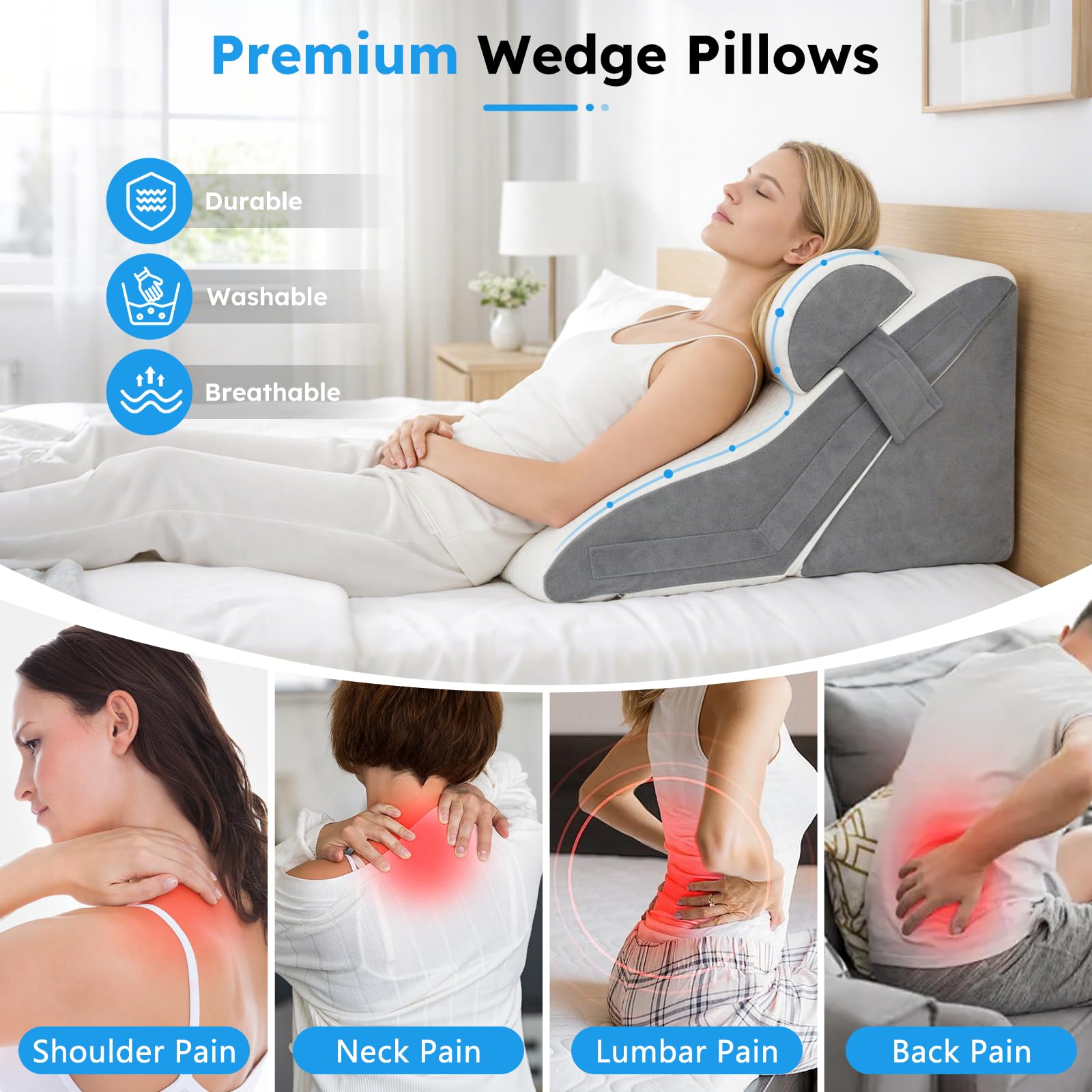 Cuscino a cuneo per dormire, in memory foam, con poggiatesta, inclinazione regolabile, cuscino triangolare rialzato per reflusso acido, sollievo dal mal di schiena, russare, supporto per gambe