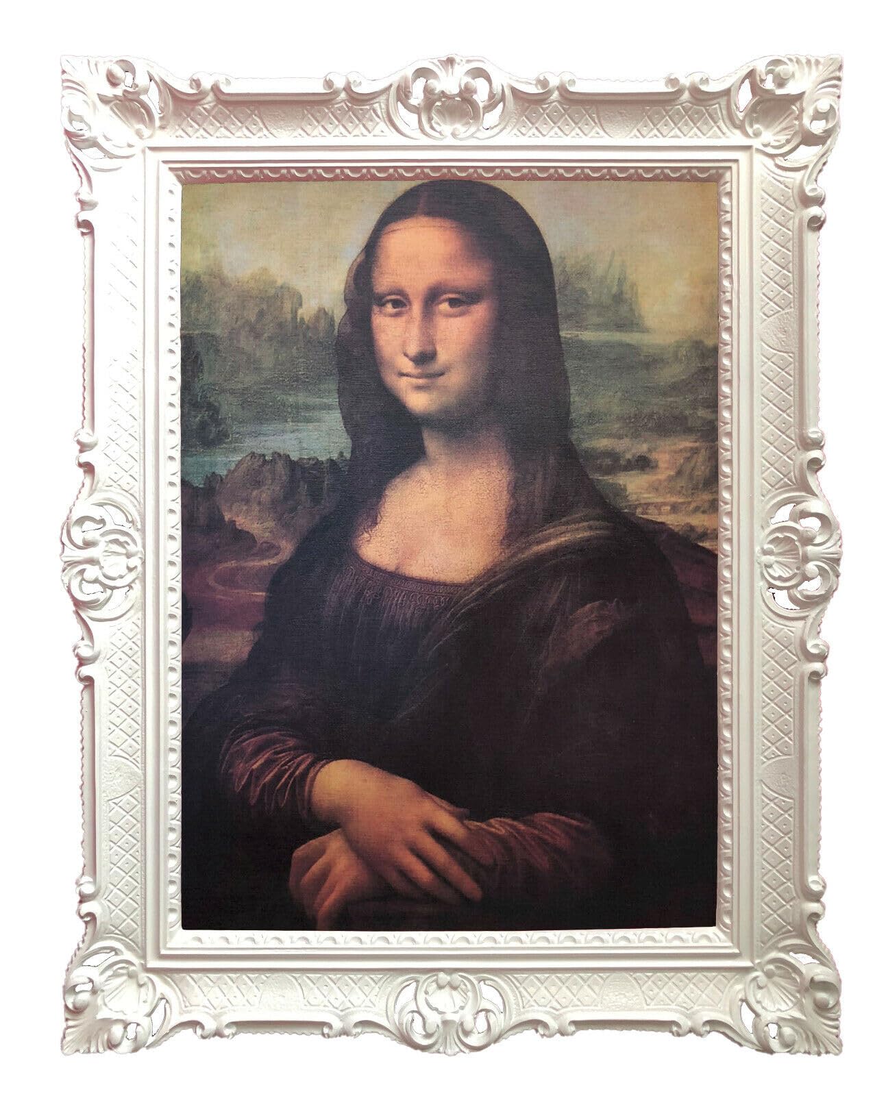 Mona Lisa Weiß Bild mit Barock Rahmen Wandbild von Leonardo da Vinci 70x90cm Kunstdrucke Gemälde Retro Repro Antik für Home Büro Praxis Café 58B