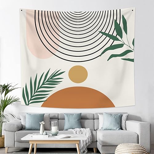 Miniatura 6 de Tapiz de mediados de siglo, bohemio, bohemio, estética, moderno, abstracto, geométrico, tapiz con curvas de arco solar, hojas verdes, tapices para