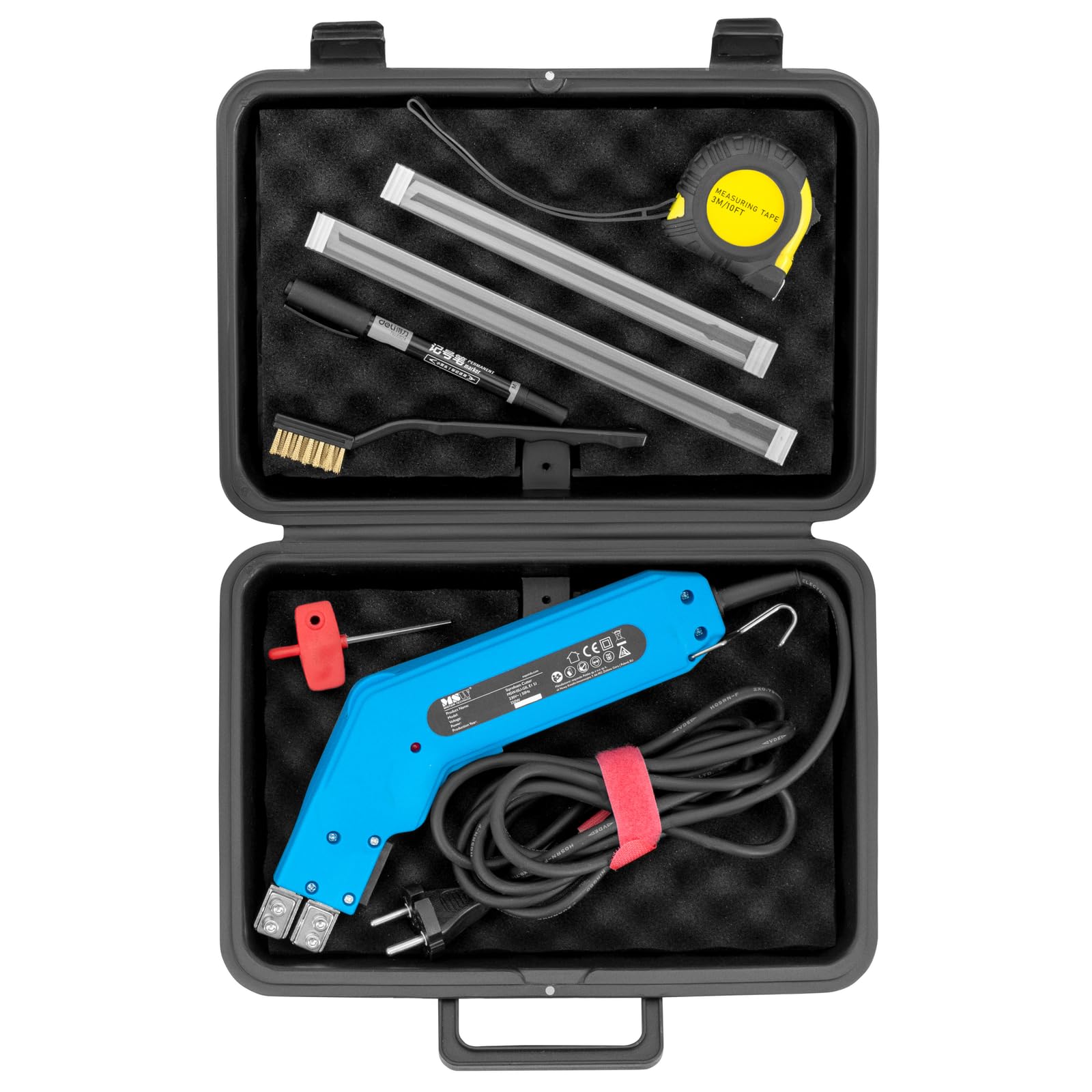 MSW przecinarka do styropianu 200 W 1350 mm z podstawką, uchwytem rusztowania, drutem, 5 zacisków styropianowych i tarnikiem + ręczna przecinarka do drutu 250 W, do cięcia drutu na gorąco, do
