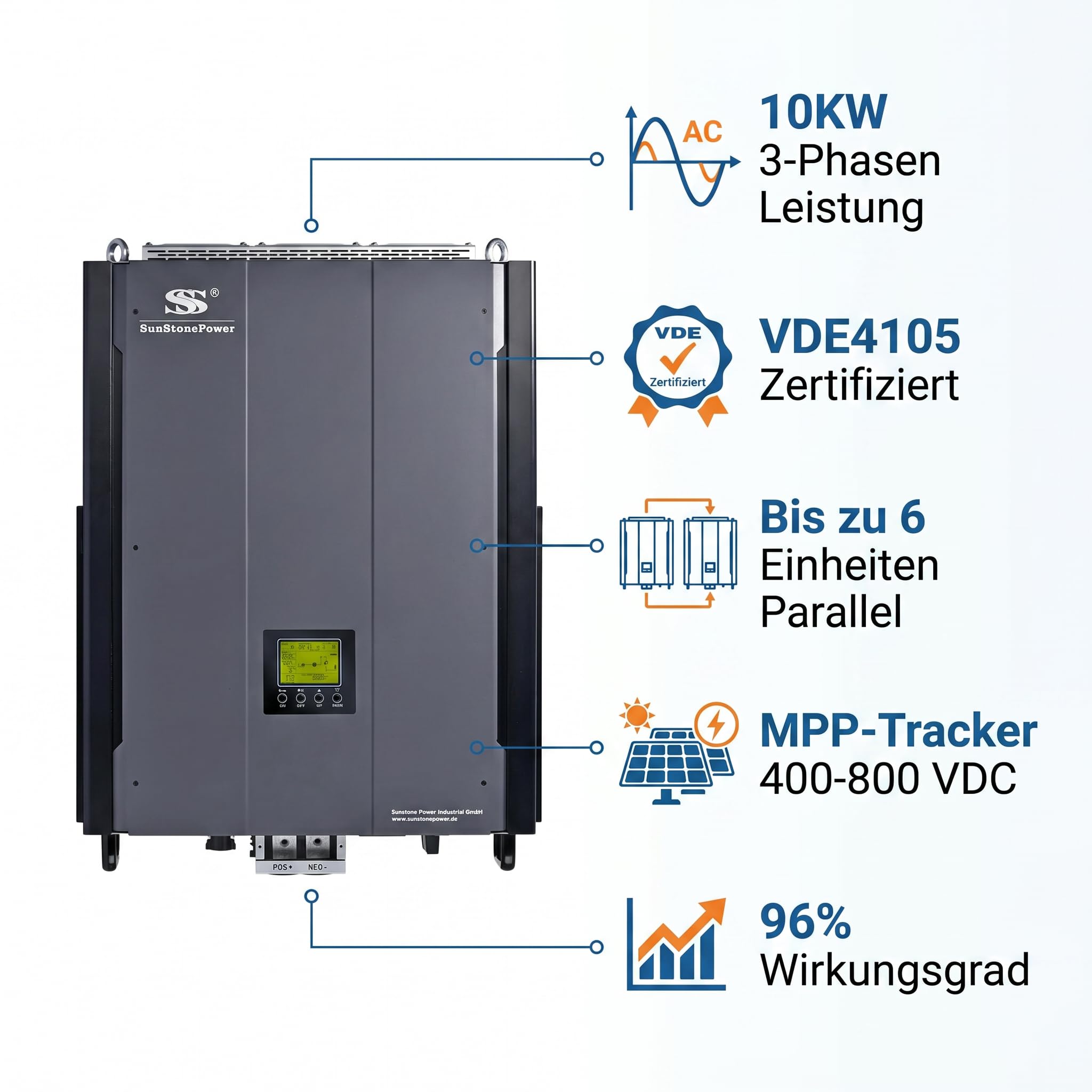 10kW 3-Phasen Hybrid-Solarwechselrichter, Reiner Sinus, 48V DC auf 230/400V AC, Inselbetrieb & Netzeinspeisung, Lithium- & Blei-Batterien, VDE4105, Ideal für Haus & Büro(0% MwSt)