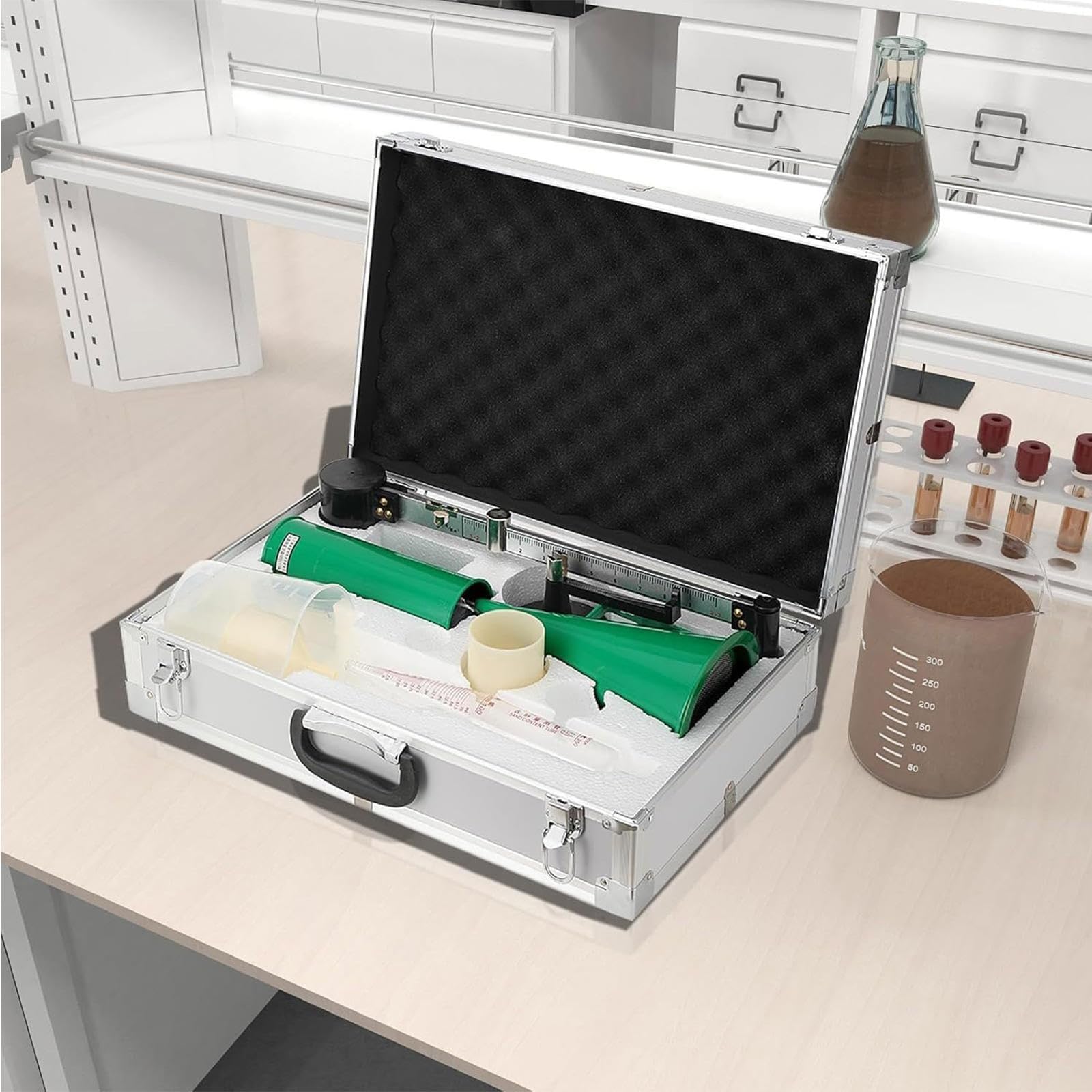 Hidrómetro y comprobador de lodos, kit de prueba para lodos de perforación (contenido de arena y viscosímetro) — Kit de 3 piezas con hidrómetro para pozos petroleros, uso en campo y laboratorio