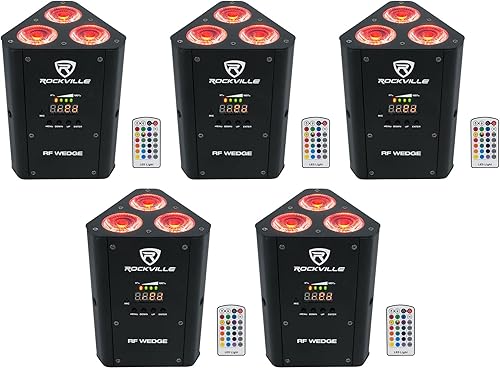 5 Rockville RF Wedge Black RGBWA+UV Batería inalámbrica DMX DJ Up Lights+RF Remotes