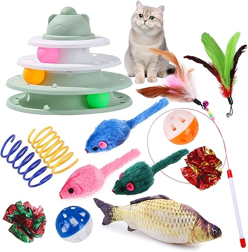 HomTop Juguetes para gatos, paquete de 13 juguetes interactivos para gatos de interior, juguete divertido rodillo de 3 niveles para gatos, juguetes