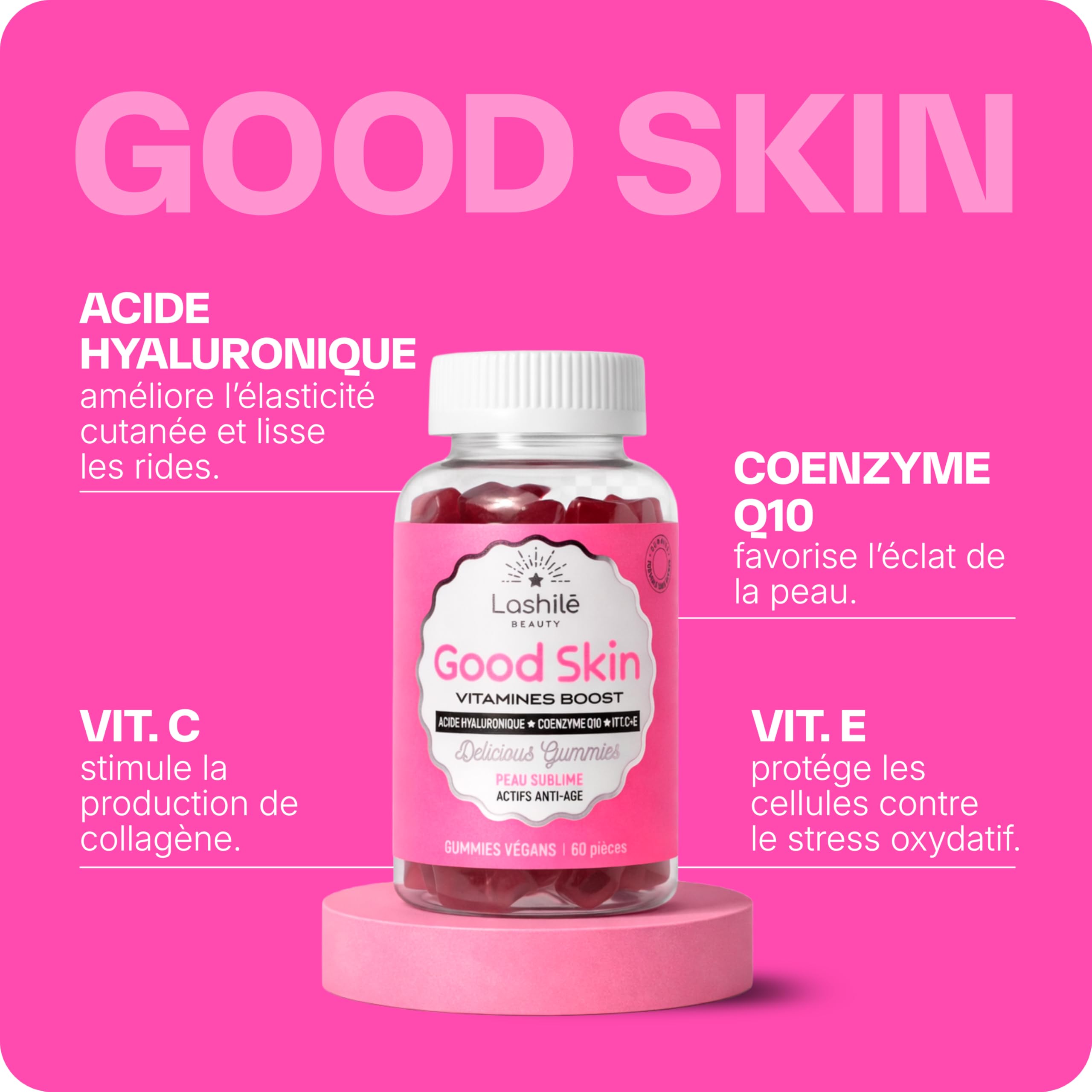 Lashilé Beauty - Gummies Anti-Âge + Anti-Rides - Fermeté & Éclat de la peau - Good Skin Vitamines -Complément Alimentaire Peau - Acide Hyaluronique Q10 Vitamines C & E - Cure 3 Mois 180 Gummies