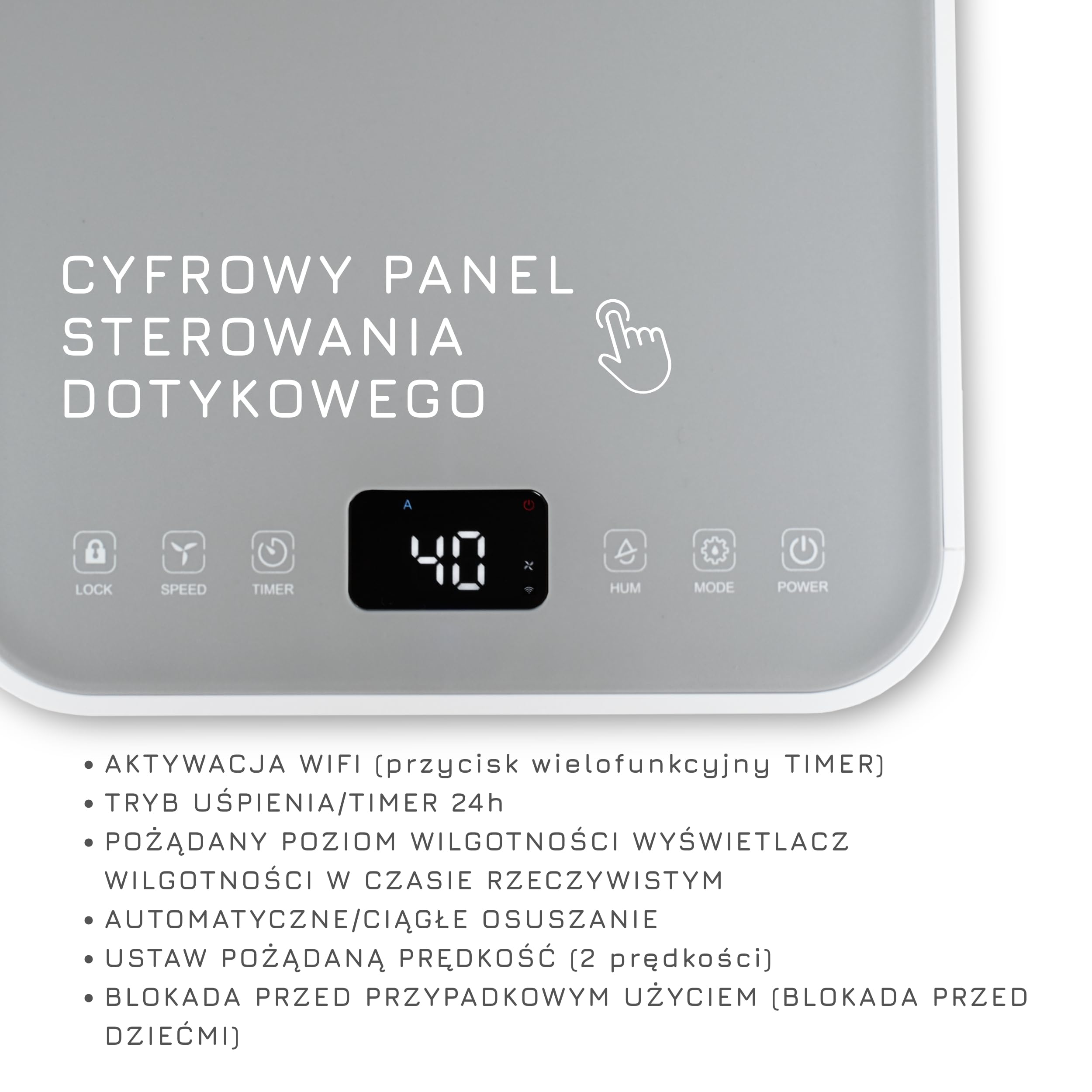 Turbionaire Epi 12 przenośny osuszacz powietrza, sterowanie dotykowe, 12 l/24 godziny, przyjazny dla środowiska płyn chłodzący R290, funkcja Child Lock, do pomieszczeń do 65 m³, minimalistyczny design