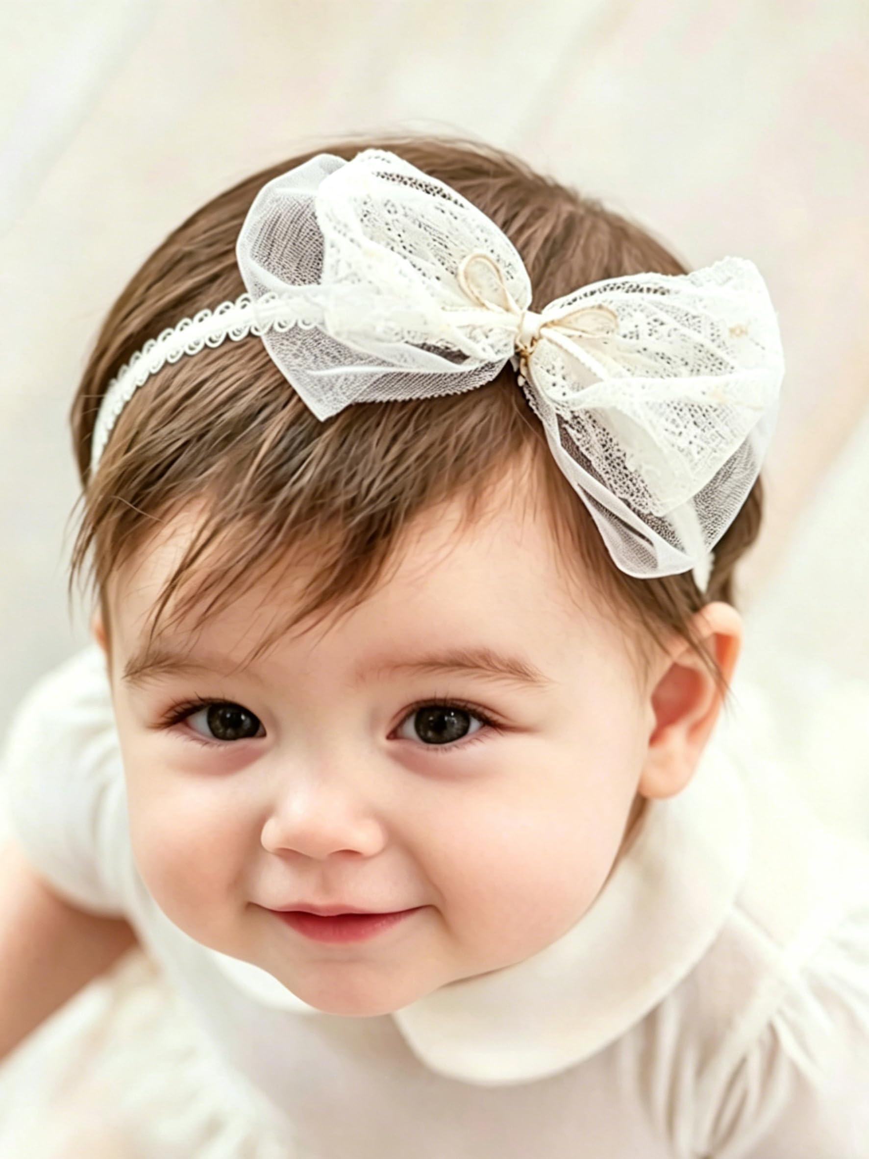 ICKEYOU Baby Headband Bowknot Lace Cute Soft White Butterfly Knot Headbands for Newborn Toddler Kids Christening Party Hair Accessories (Style 3, Elasticity)