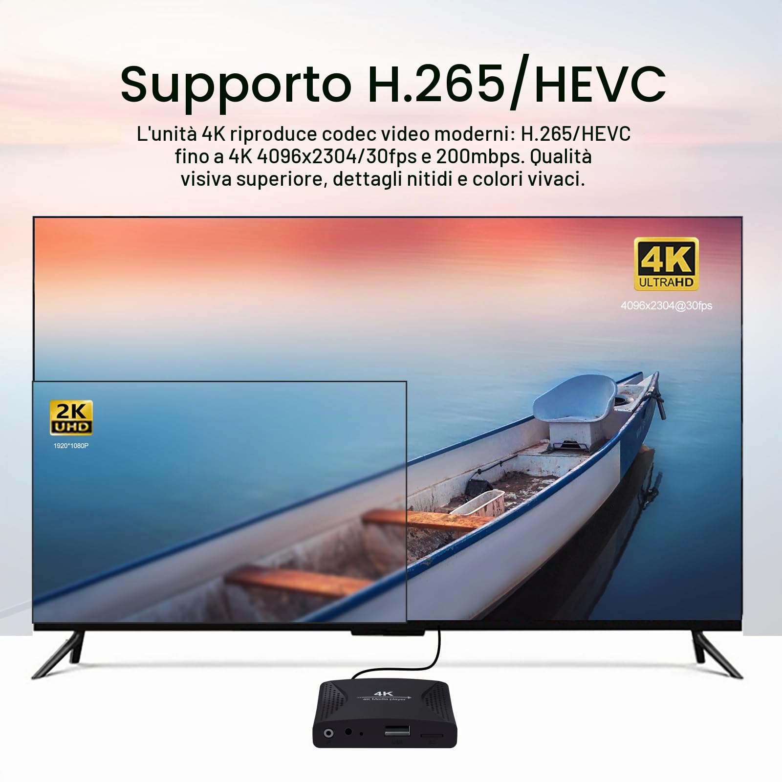 ZUMKUNM Lettore multimediale digitale 4K UHD e 1080P per unità USB e schede MicroSD, Digital Signage, H.265/HEVC H.264/AVC MP4 MKV Video MP3 Music JPG Photos,4K HDMI,Analogico AV,Auto Play and Resume