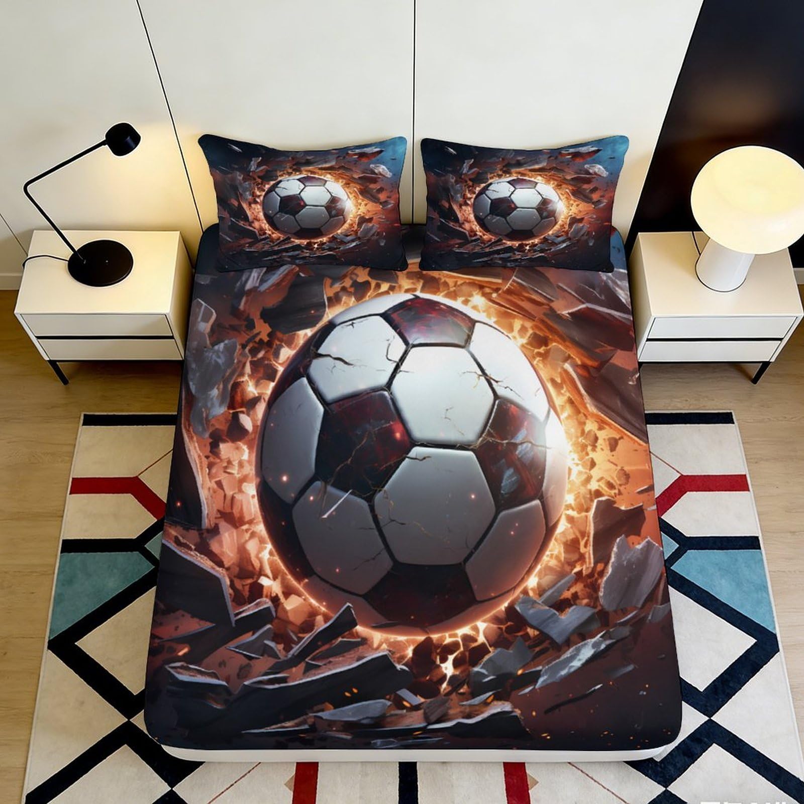 3D Printed Exploding Soccer Ball Fitted Sheet Microfiber Soft Breathable Fiery Football Bed Cover for Bedroom Dormitory Guest Room Mattress Protection Decor 140x200x25cm