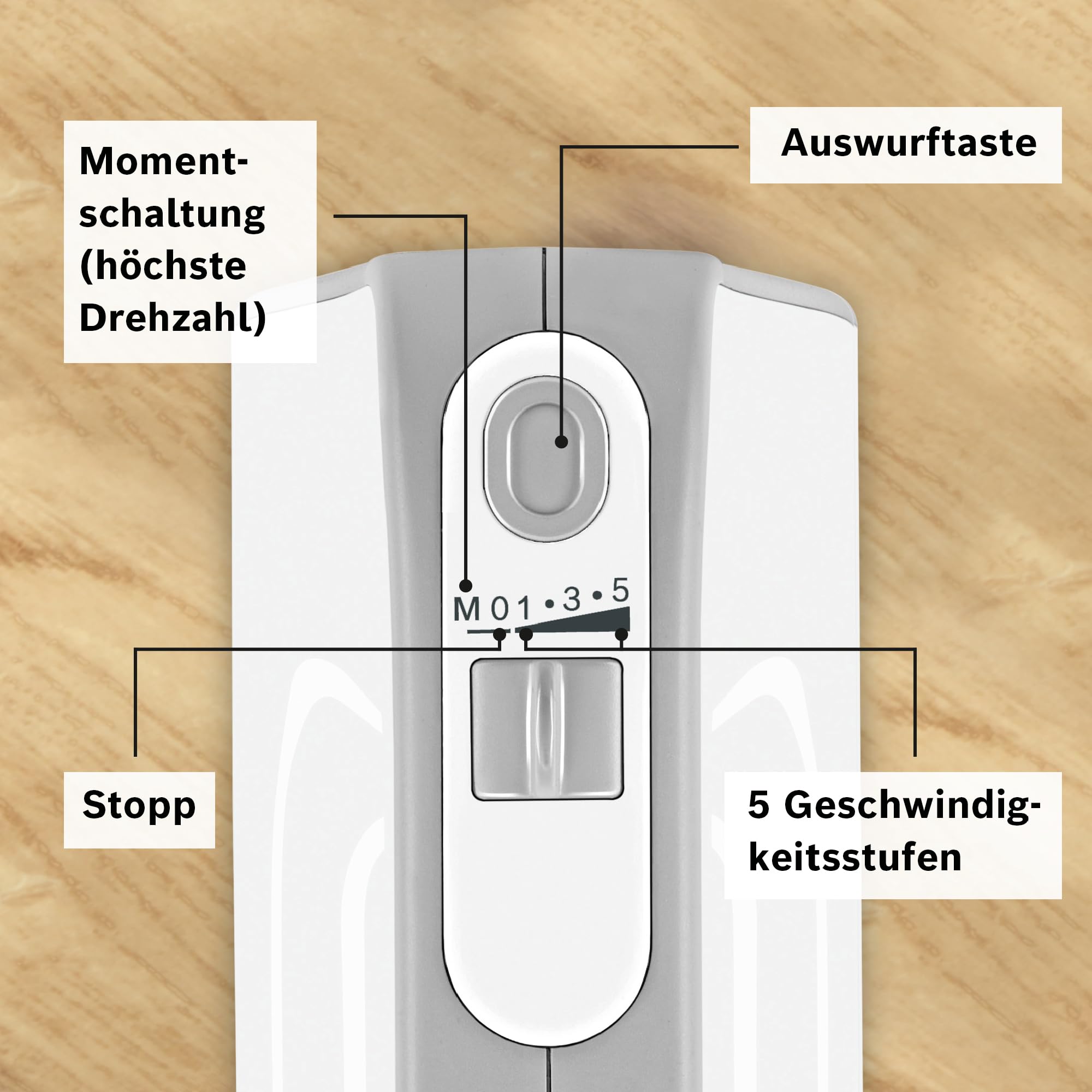 Bosch Handrührgerät, 2 Rührbesen, 2 Edelstahl-Knethaken, spülmaschinenfest, Zerkleinerer, Pürierstab, Mixbecher, 5 Stufen, Turbostufe, leicht, 500 W, weiß/silber, MFQ4080