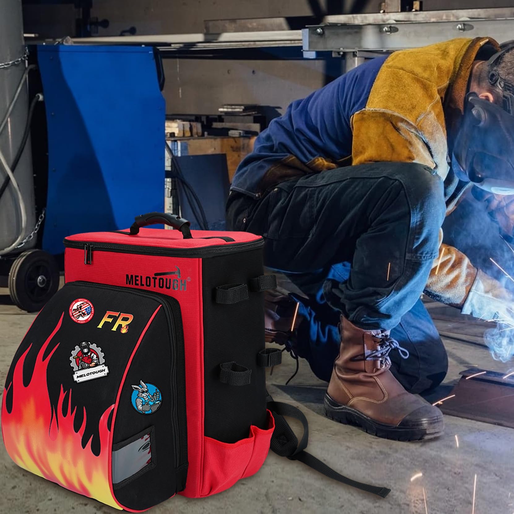MELOTOUGH Mochila de soldadura de tela resistente al fuego, 32,56 L, bolsa de soldadura de gran capacidad para herramientas y casco, mochila de soldador multiusos con almacenamiento múltiple y